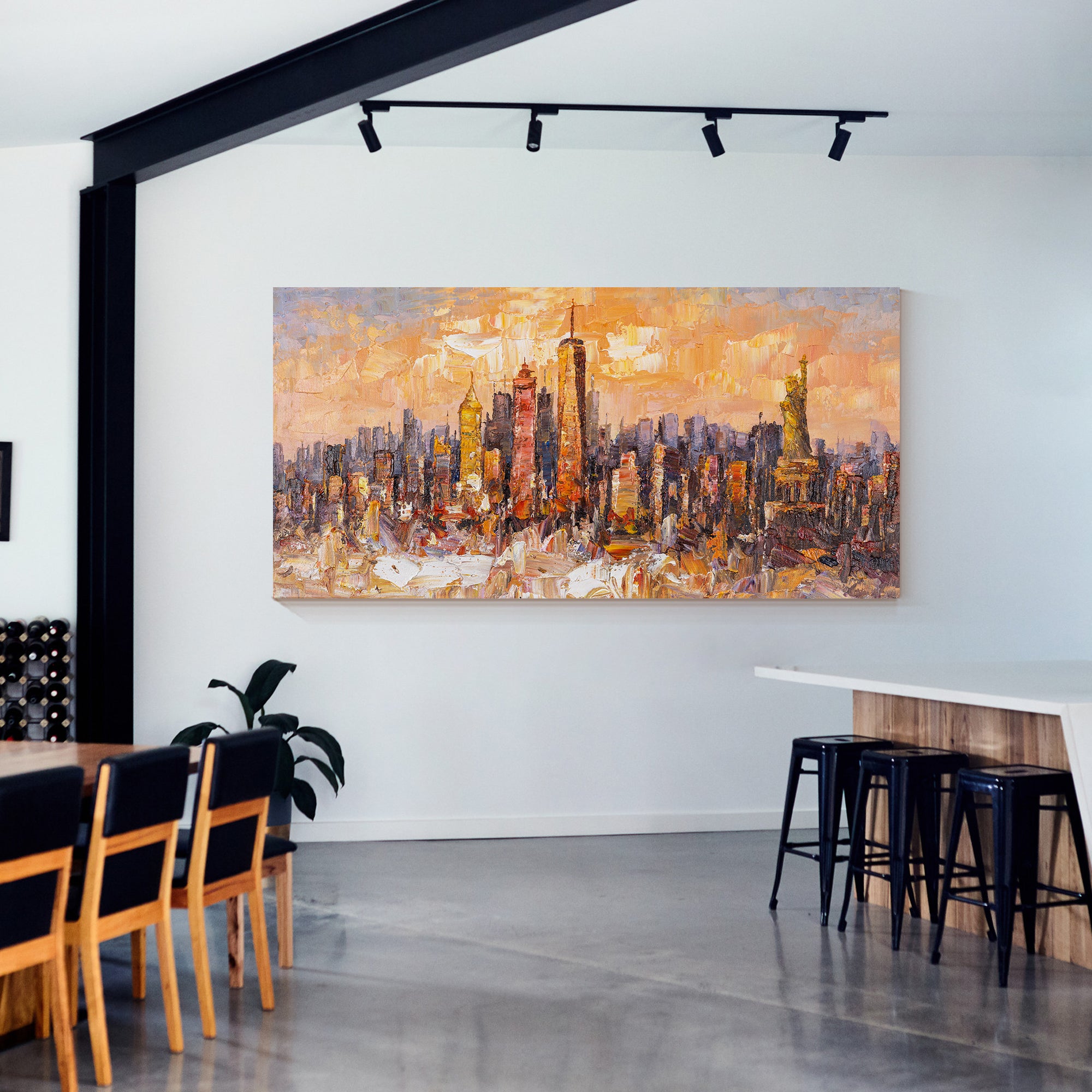 Original New York City skyline painting with textured abstract art featuring the Statue of Liberty, ideal for modern urban wall decor.

