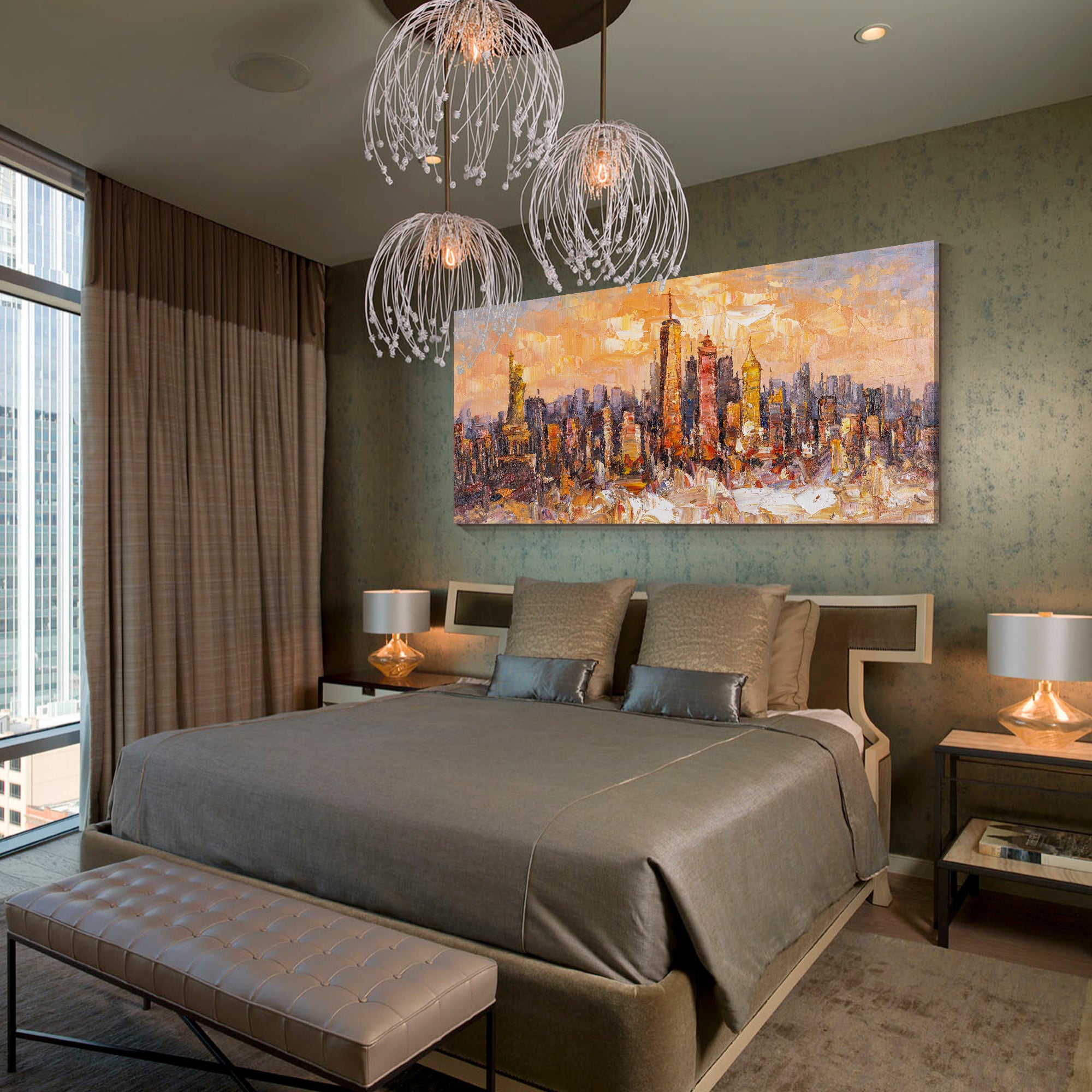 Original New York City skyline painting with textured abstract art featuring the Statue of Liberty, ideal for modern urban wall decor.

