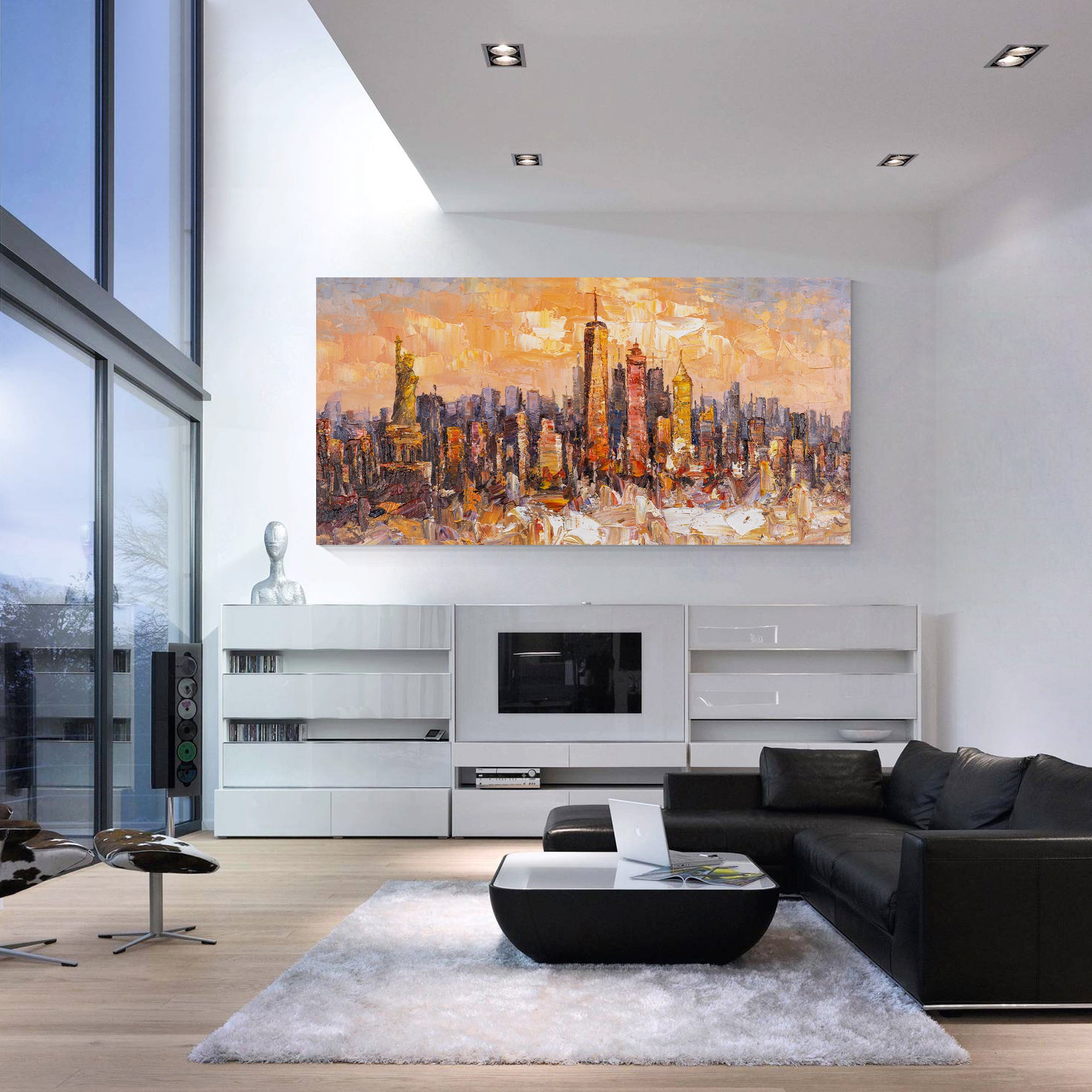 Original New York City skyline painting with textured abstract art featuring the Statue of Liberty, ideal for modern urban wall decor.

