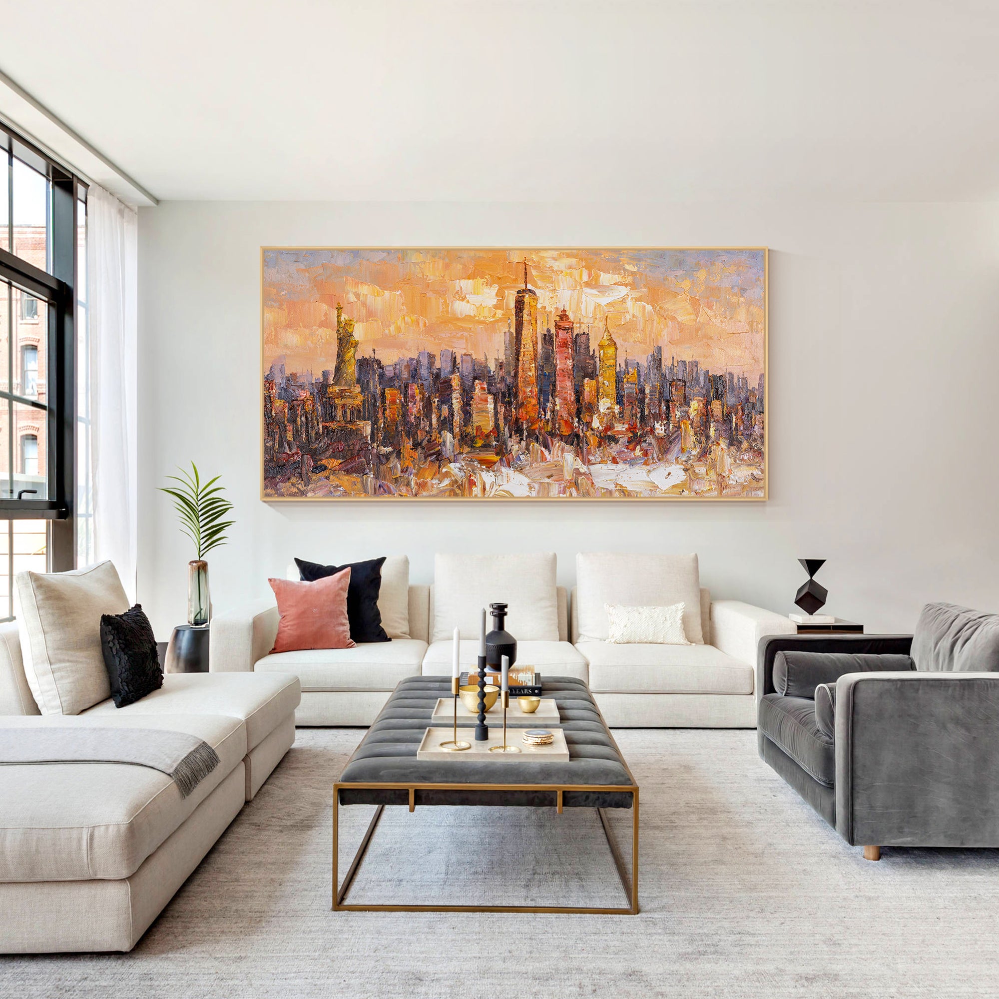 Original New York City skyline painting with textured abstract art featuring the Statue of Liberty, ideal for modern urban wall decor.

