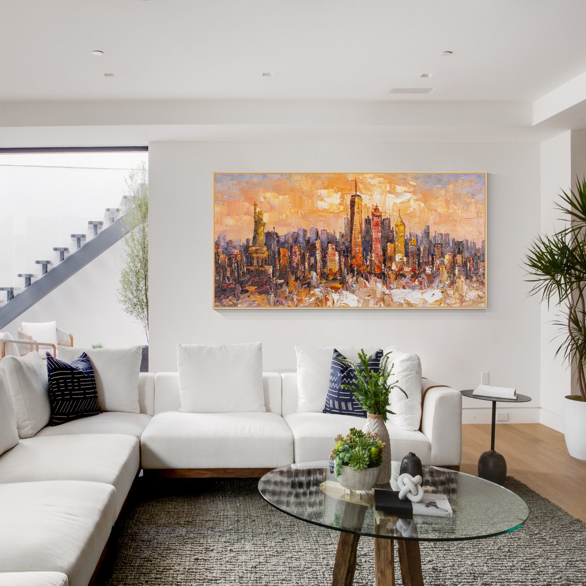 Original New York City skyline painting with textured abstract art featuring the Statue of Liberty, ideal for modern urban wall decor.

