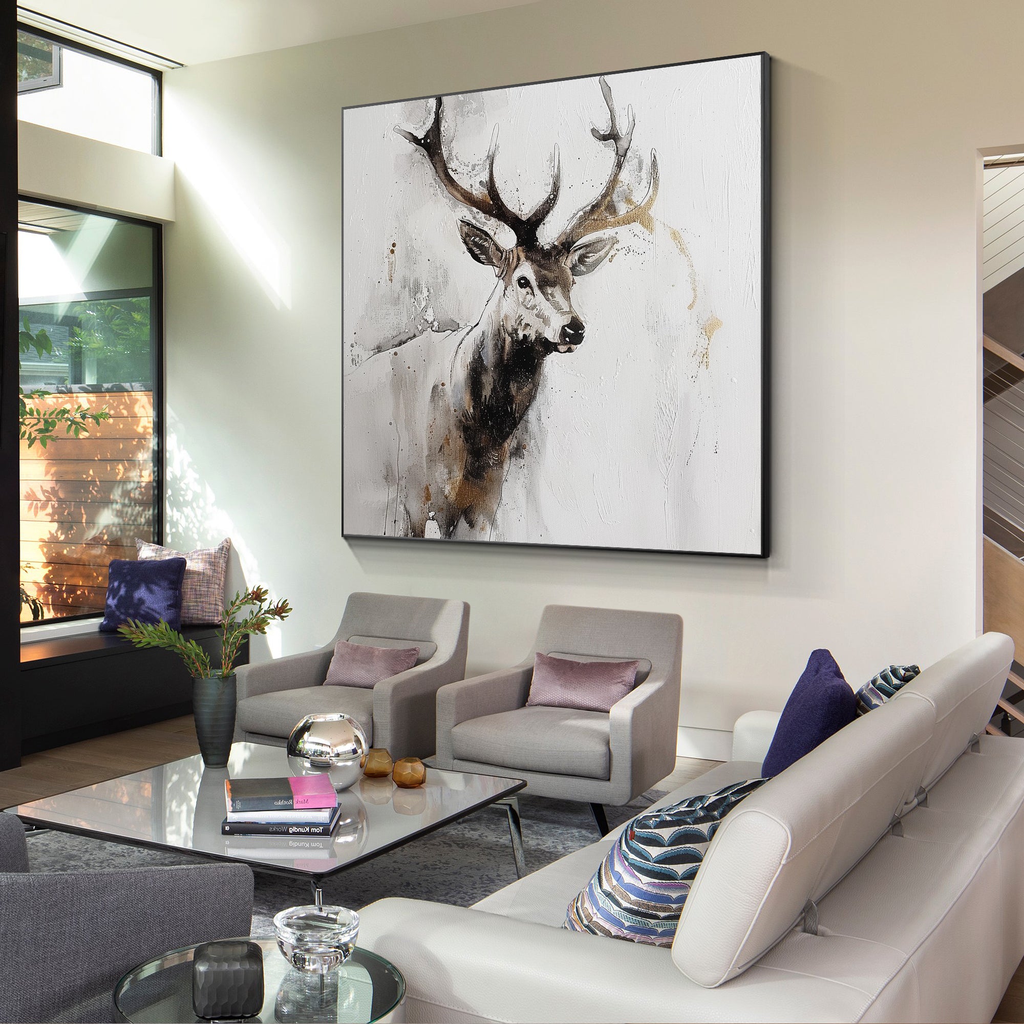 Original and Hand-painted Stag Canvas Wall Art, Modern Animal Painting