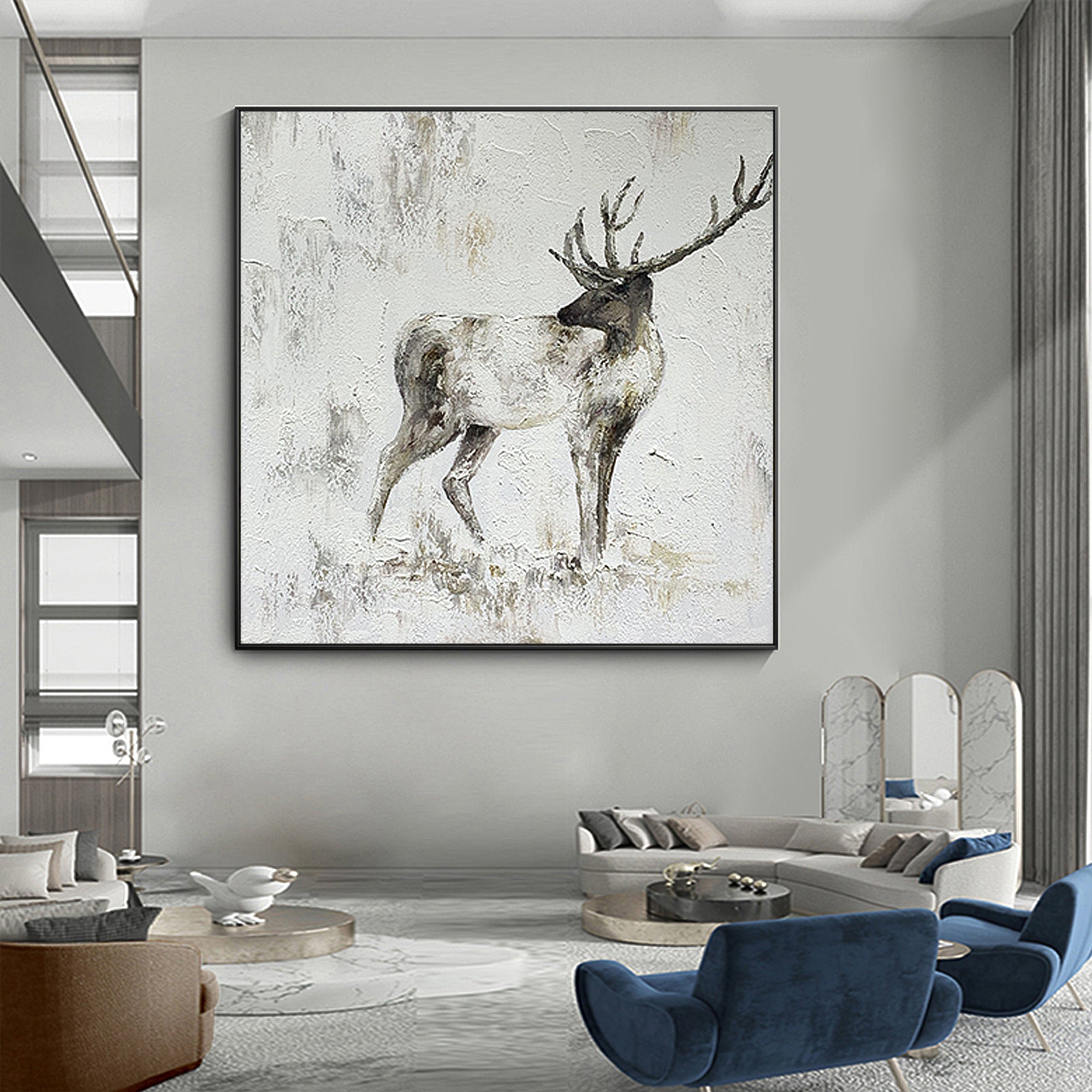 Original and Hand-painted Stag Canvas Wall Art, Modern Animal Painting