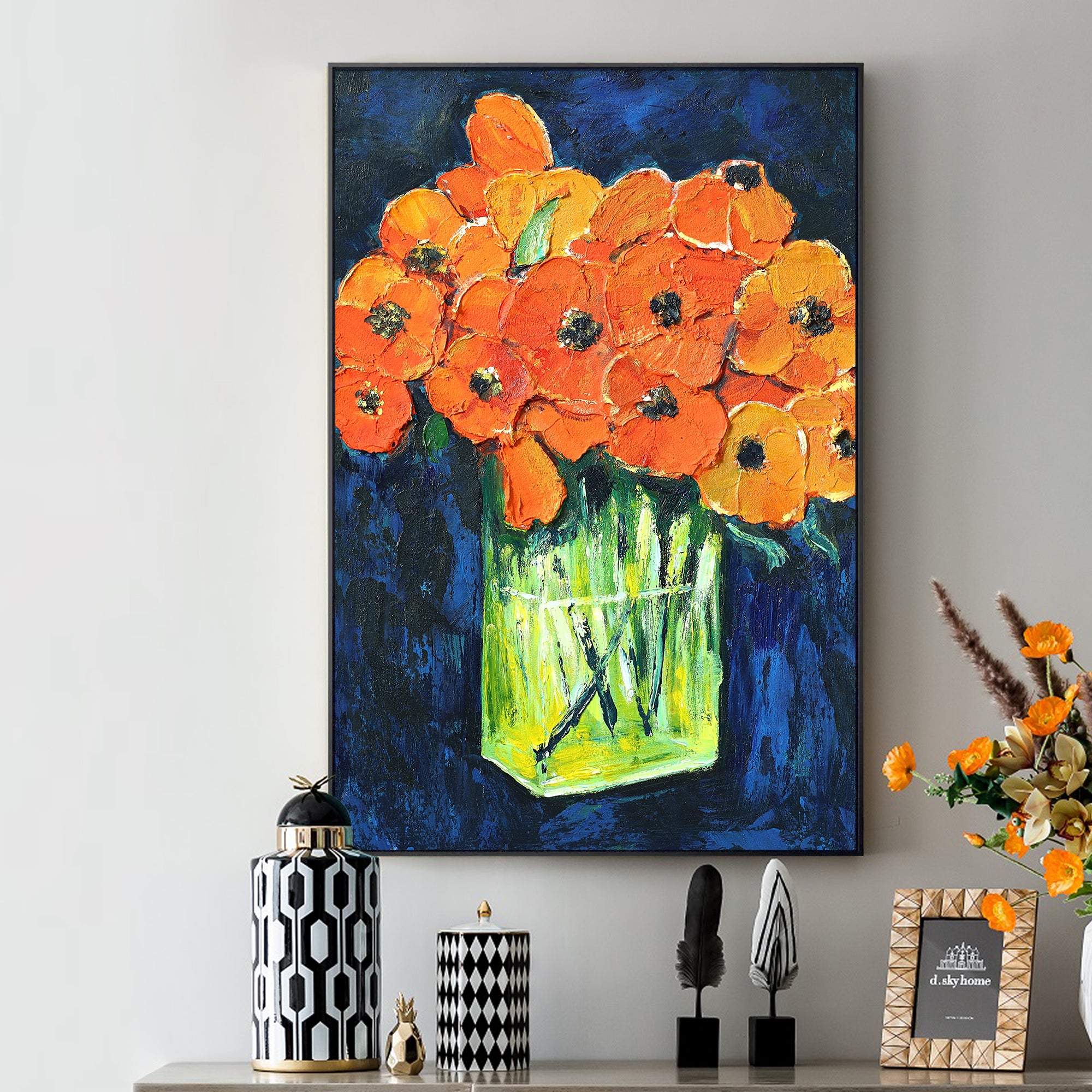 3D Abstract floral painting orange poppy painting