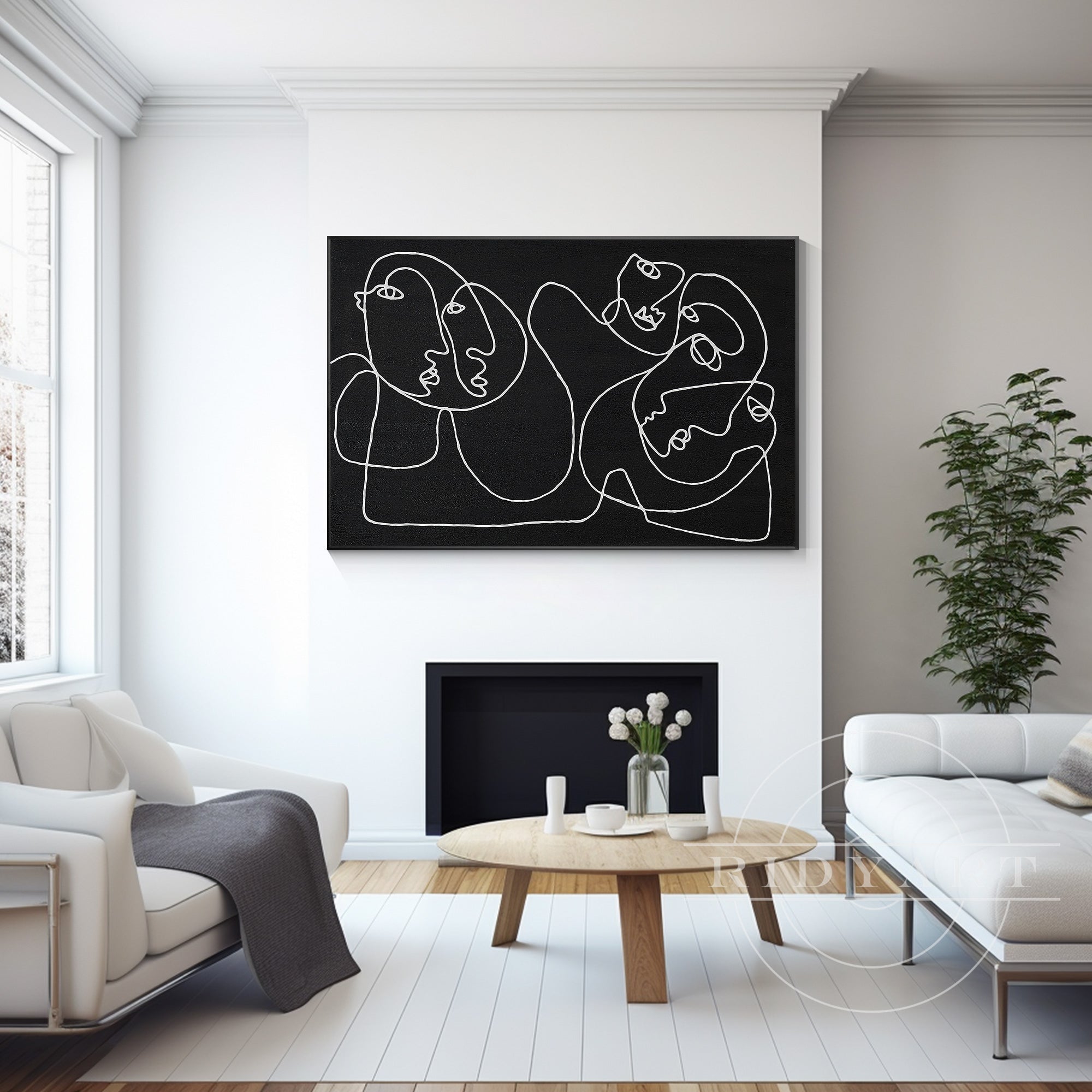 Extra-large Picasso-inspired one-line art in matte black on canvas, minimalist wall decor for modern oversized spaces and contemporary black interiors.

