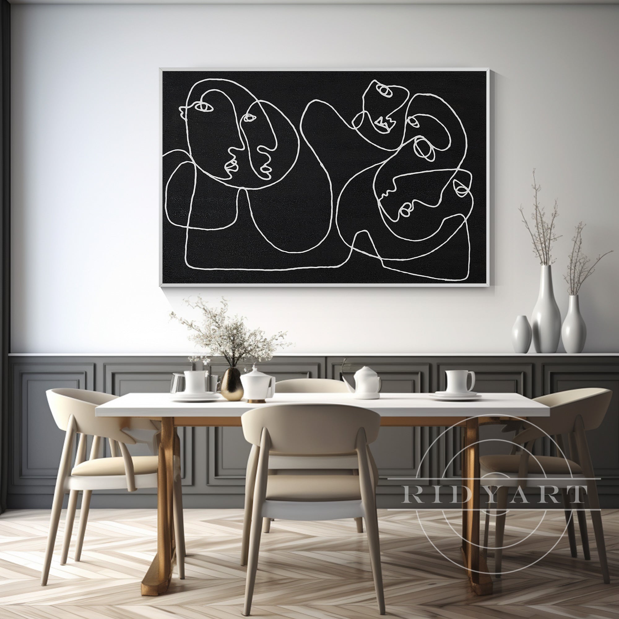 Extra-large Picasso-inspired one-line art in matte black on canvas, minimalist wall decor for modern oversized spaces and contemporary black interiors.


