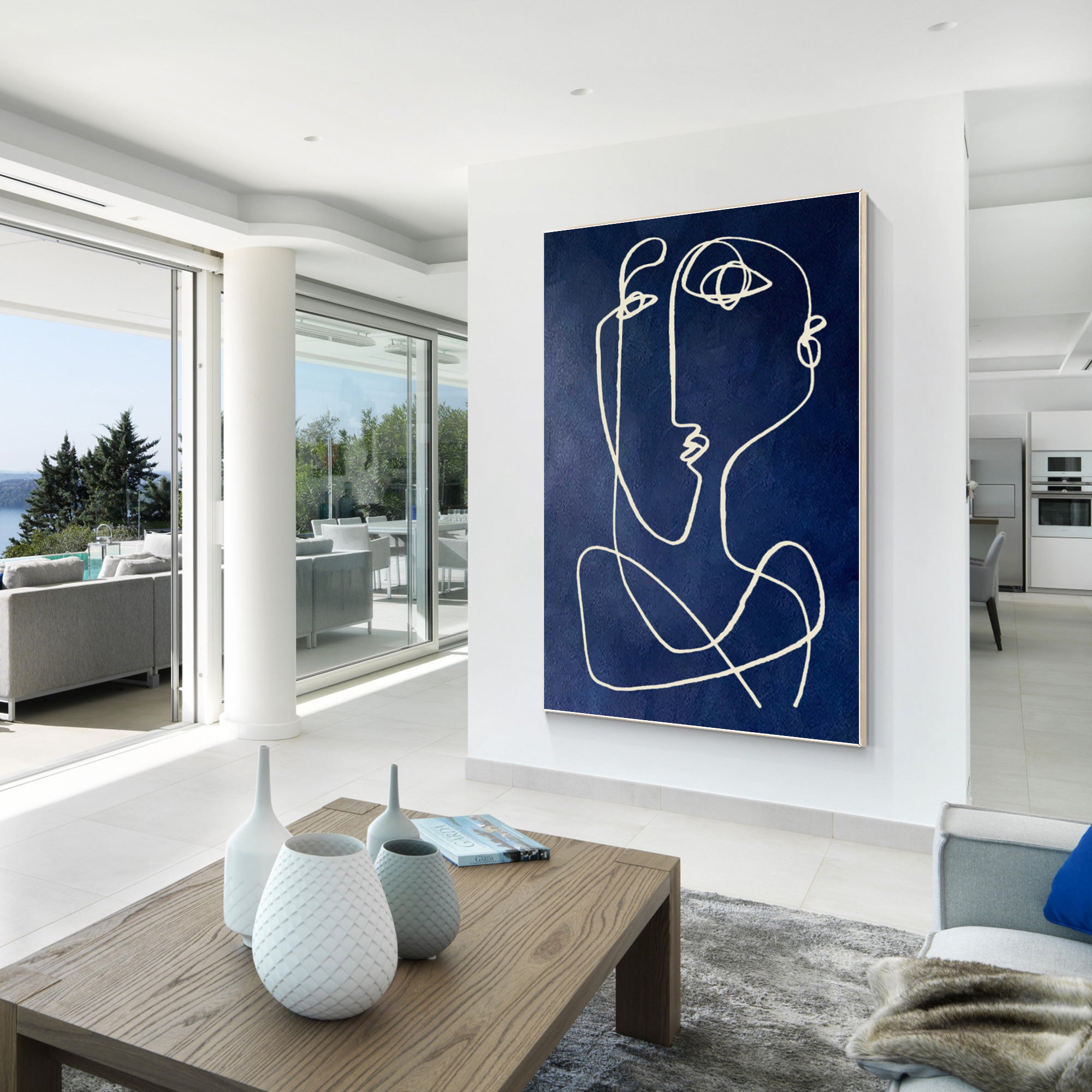 Extra-large navy blue Picasso line art painting on canvas with abstract textures, ideal for minimalist wall decor in modern living rooms or bedrooms.

