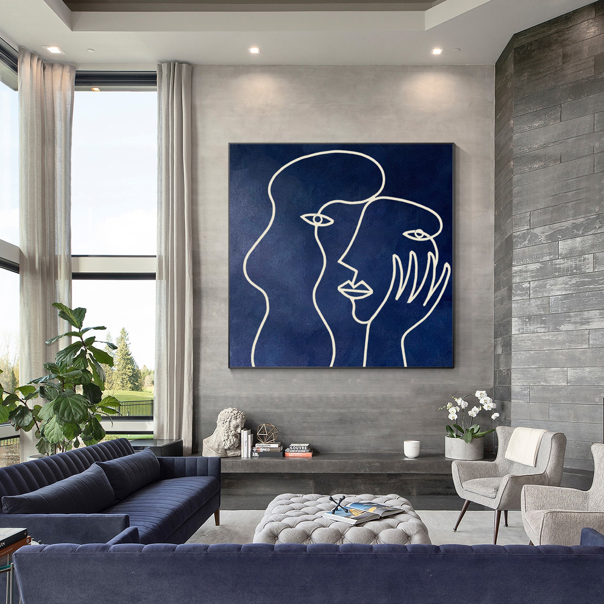 Navy blue Picasso-inspired one-line art on canvas, minimalist painting for modern wall decor in living rooms or contemporary interiors.

