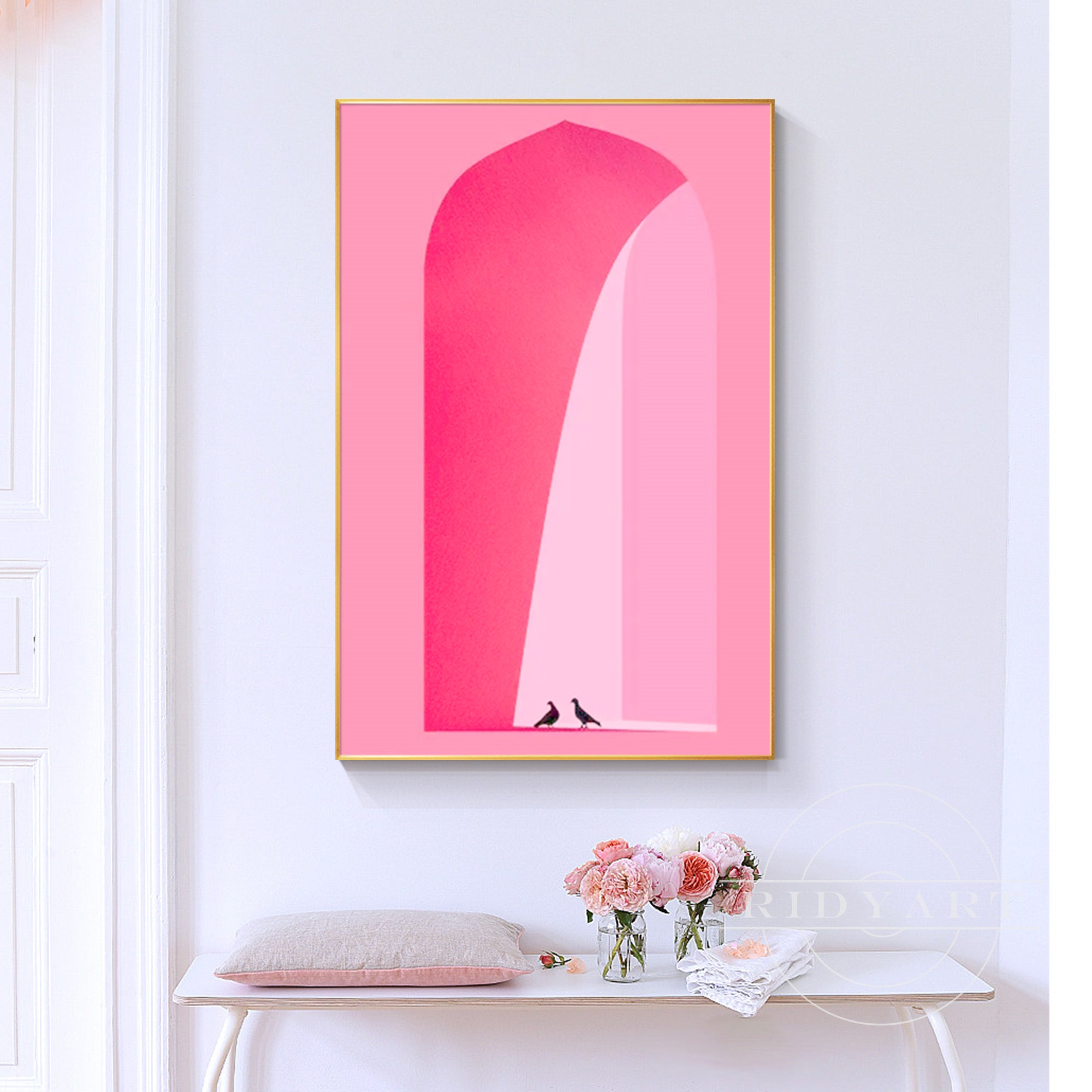 Pink hand-painted archway oil painting with white dove