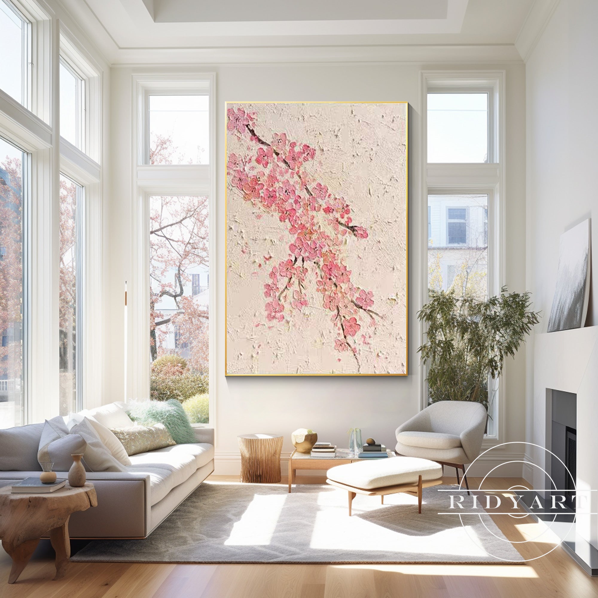 Pink flower wall art with beige tones, showcasing delicate blooms in a soothing color palette for elegant home decor