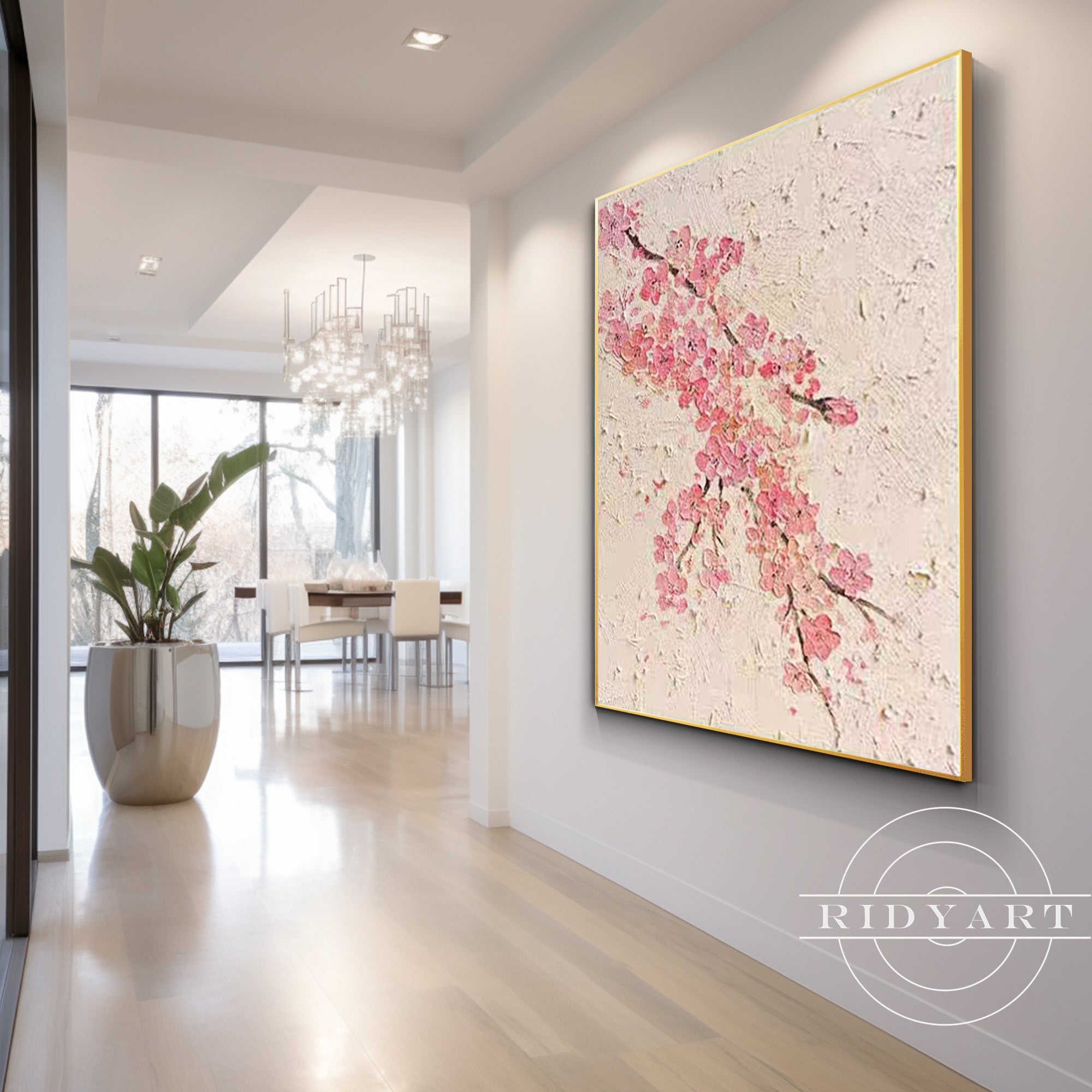 Pink flower wall art with beige tones, showcasing delicate blooms in a soothing color palette for elegant home decor