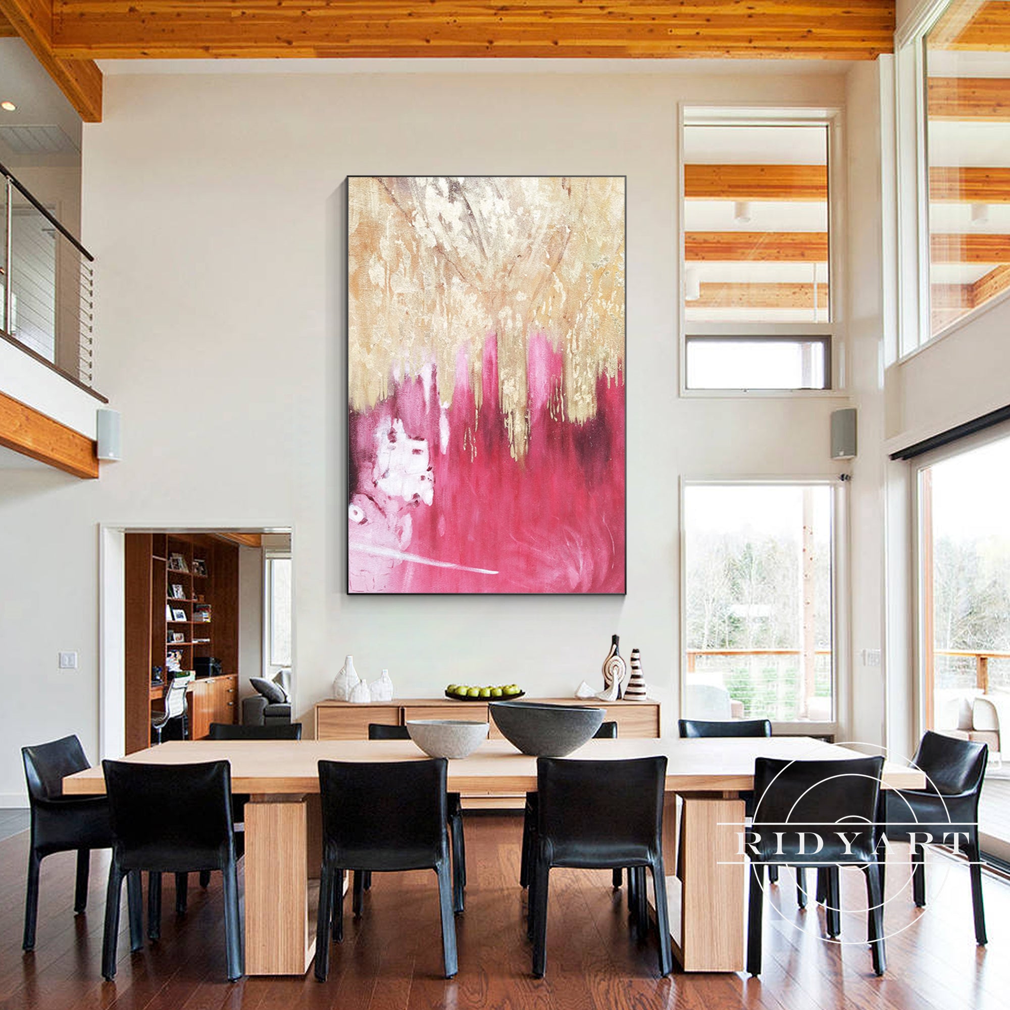 Pintura abstracta en lienzo con lámina de oro rosa para pared