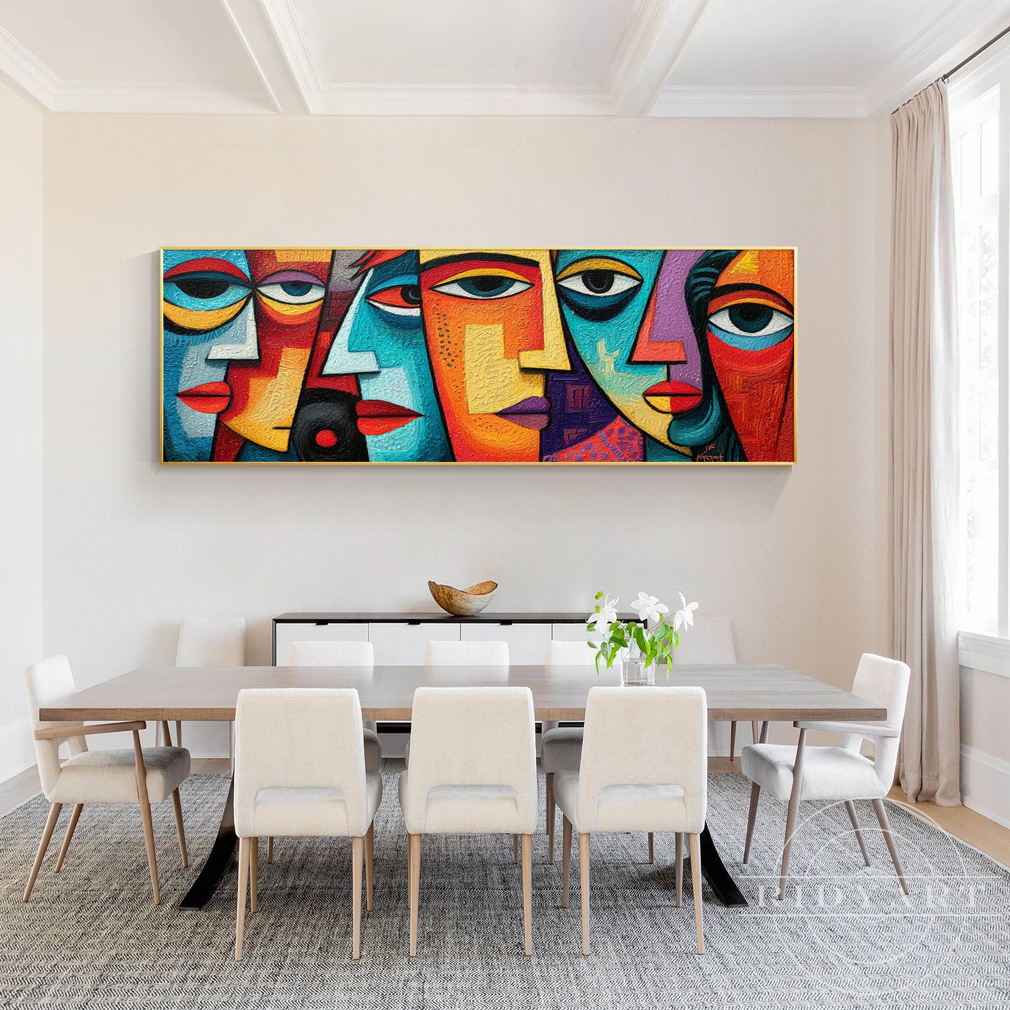 Modern cubist wall art featuring expressive geometric portraits with textures.