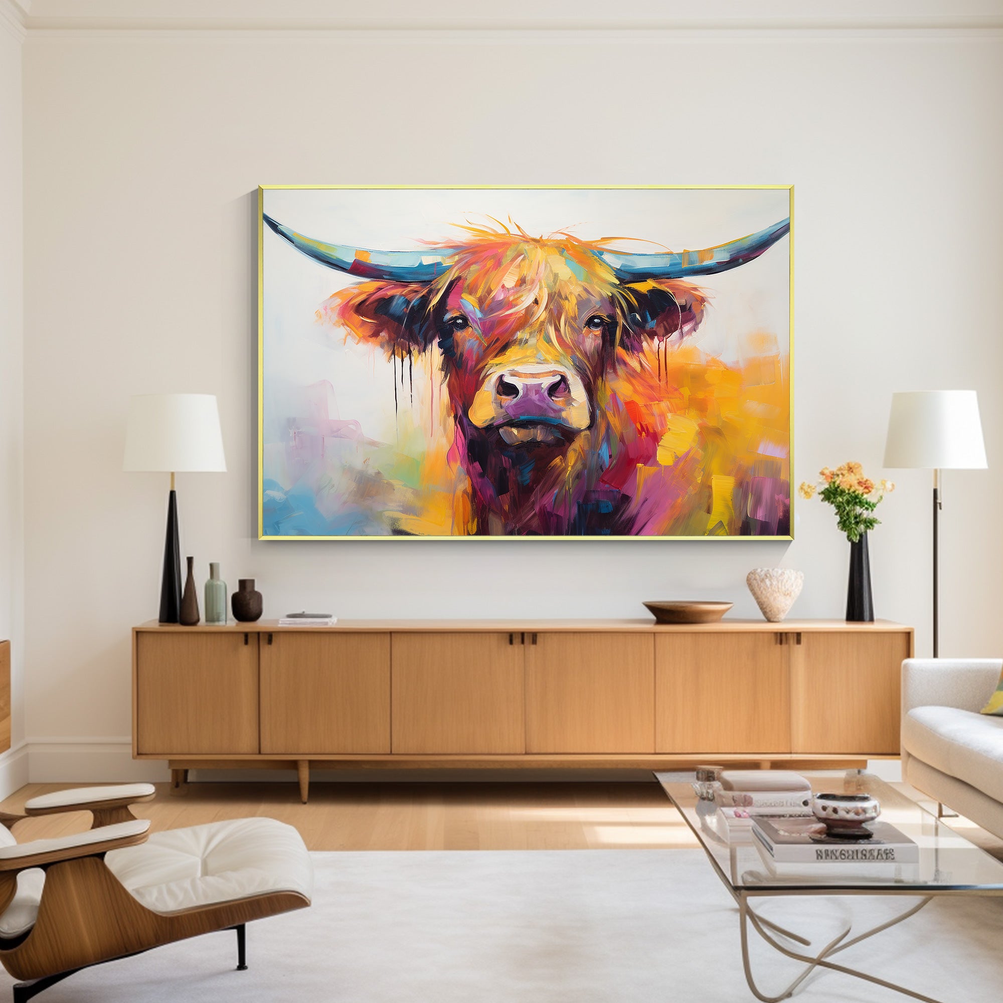 Rainbow Highland Cow Painting