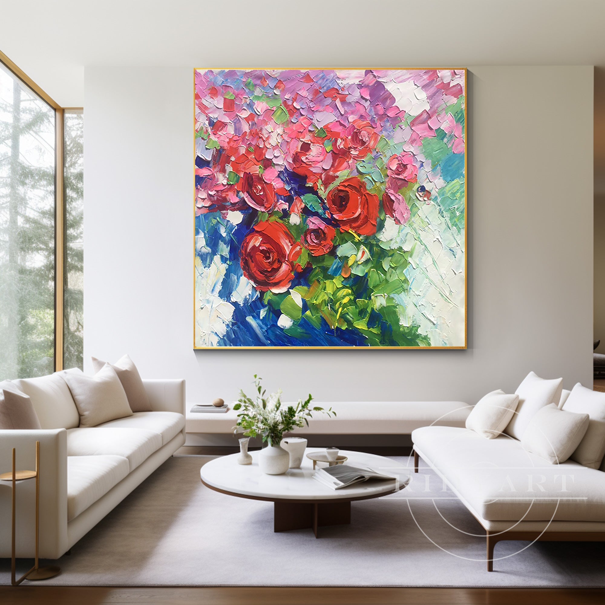 Square canvas wall art with abstract red and pink wildflowers, featuring 3D textured blooms, perfect for adding vibrant botanical charm to large spaces.

