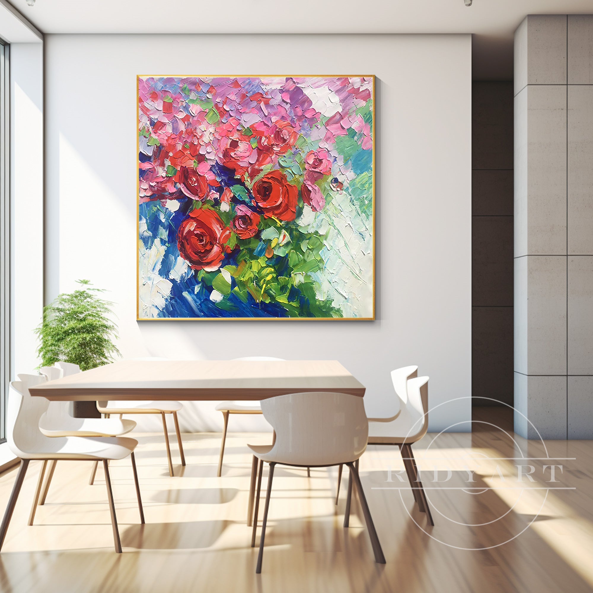 Square canvas wall art with abstract red and pink wildflowers, featuring 3D textured blooms, perfect for adding vibrant botanical charm to large spaces.

