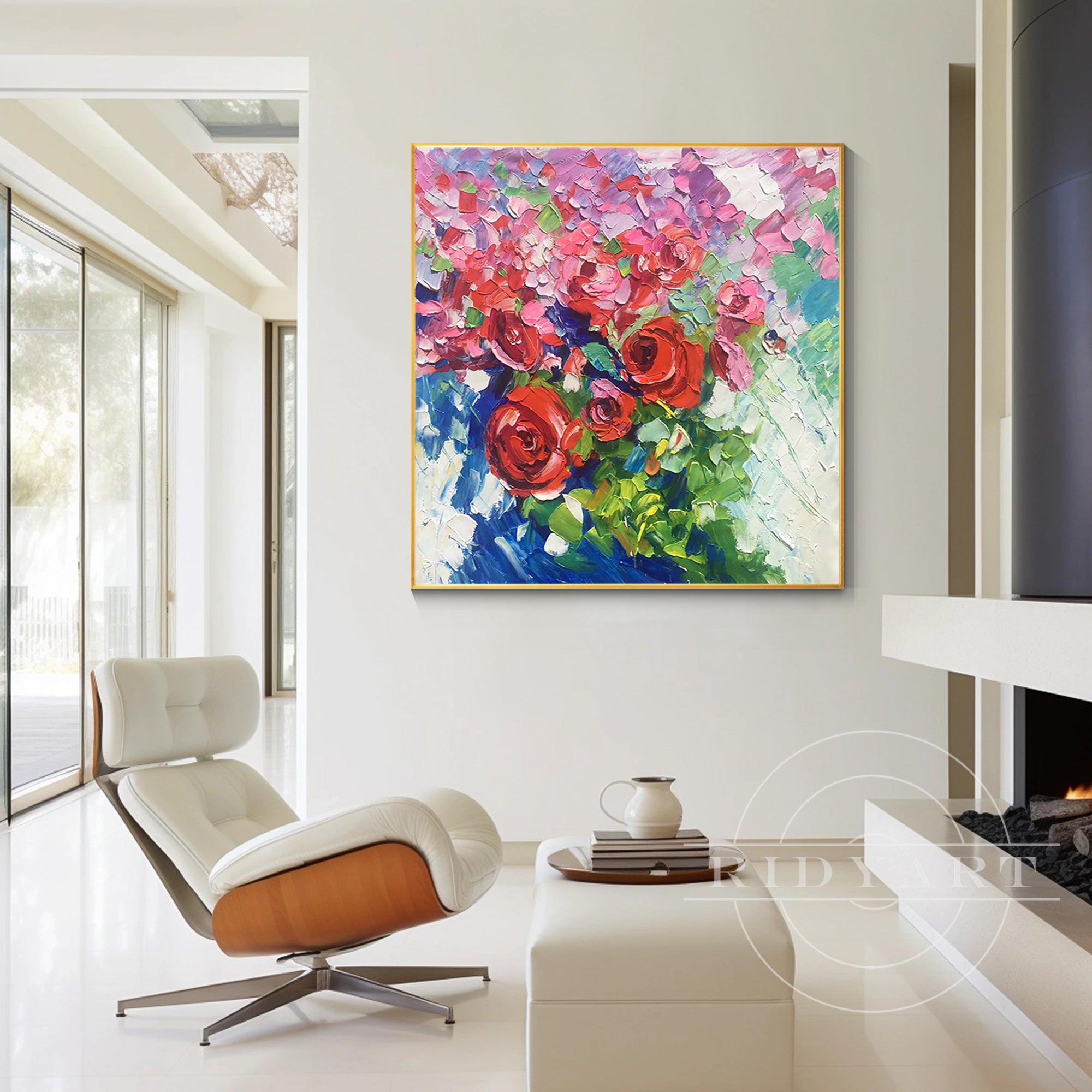 Square canvas wall art with abstract red and pink wildflowers, featuring 3D textured blooms, perfect for adding vibrant botanical charm to large spaces.

