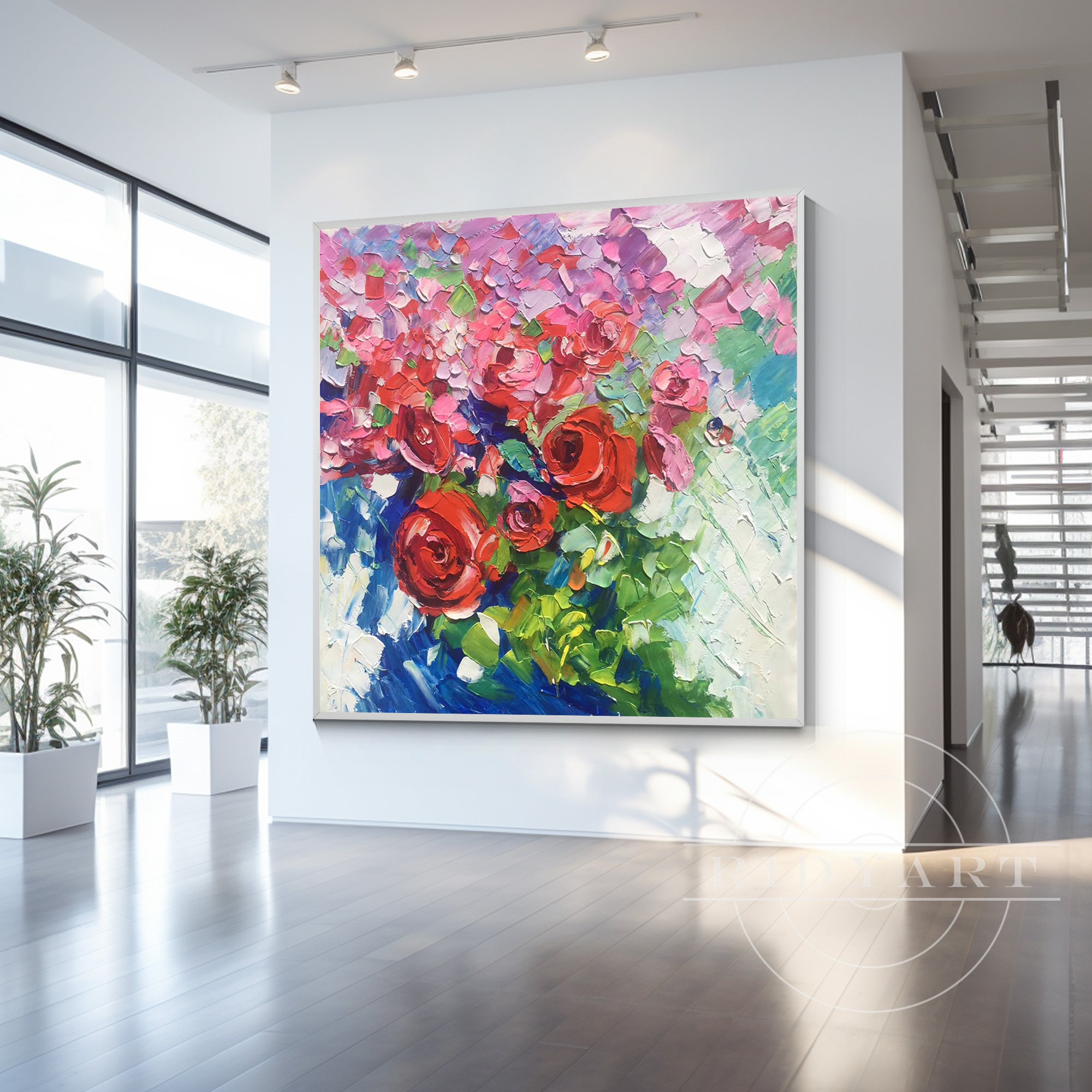 Square canvas wall art with abstract red and pink wildflowers, featuring 3D textured blooms, perfect for adding vibrant botanical charm to large spaces.

