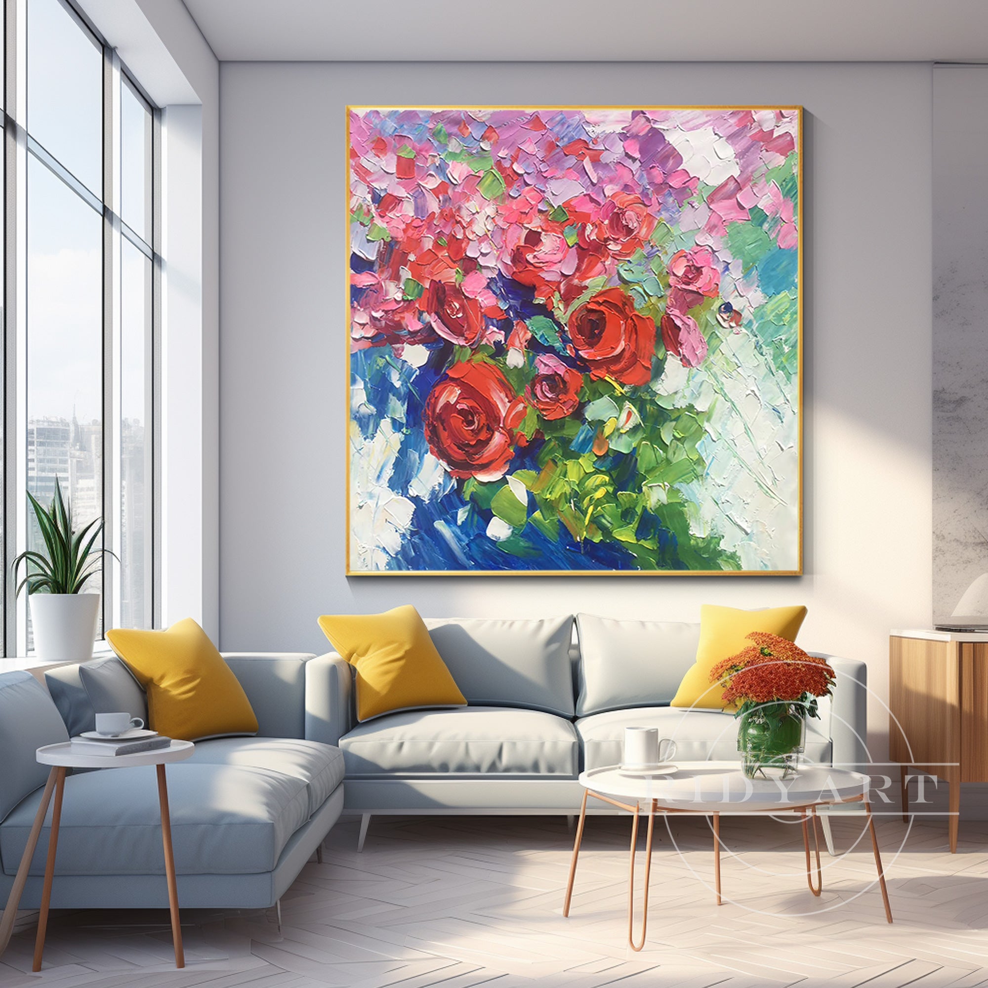 Square canvas wall art with abstract red and pink wildflowers, featuring 3D textured blooms, perfect for adding vibrant botanical charm to large spaces.