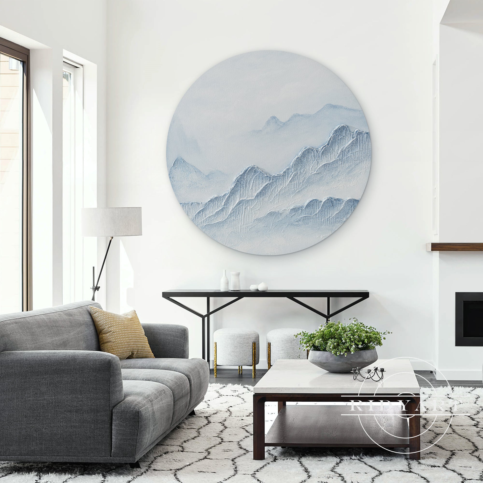 Round Blue White Mountain 3D Texture Wall Art Framed