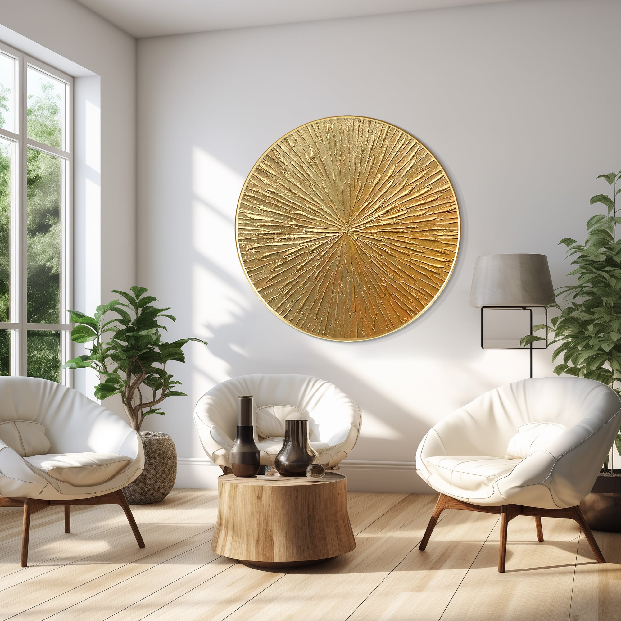 Gold Leaf 3D Textured Round Wall Art - Framed Nordic Decor