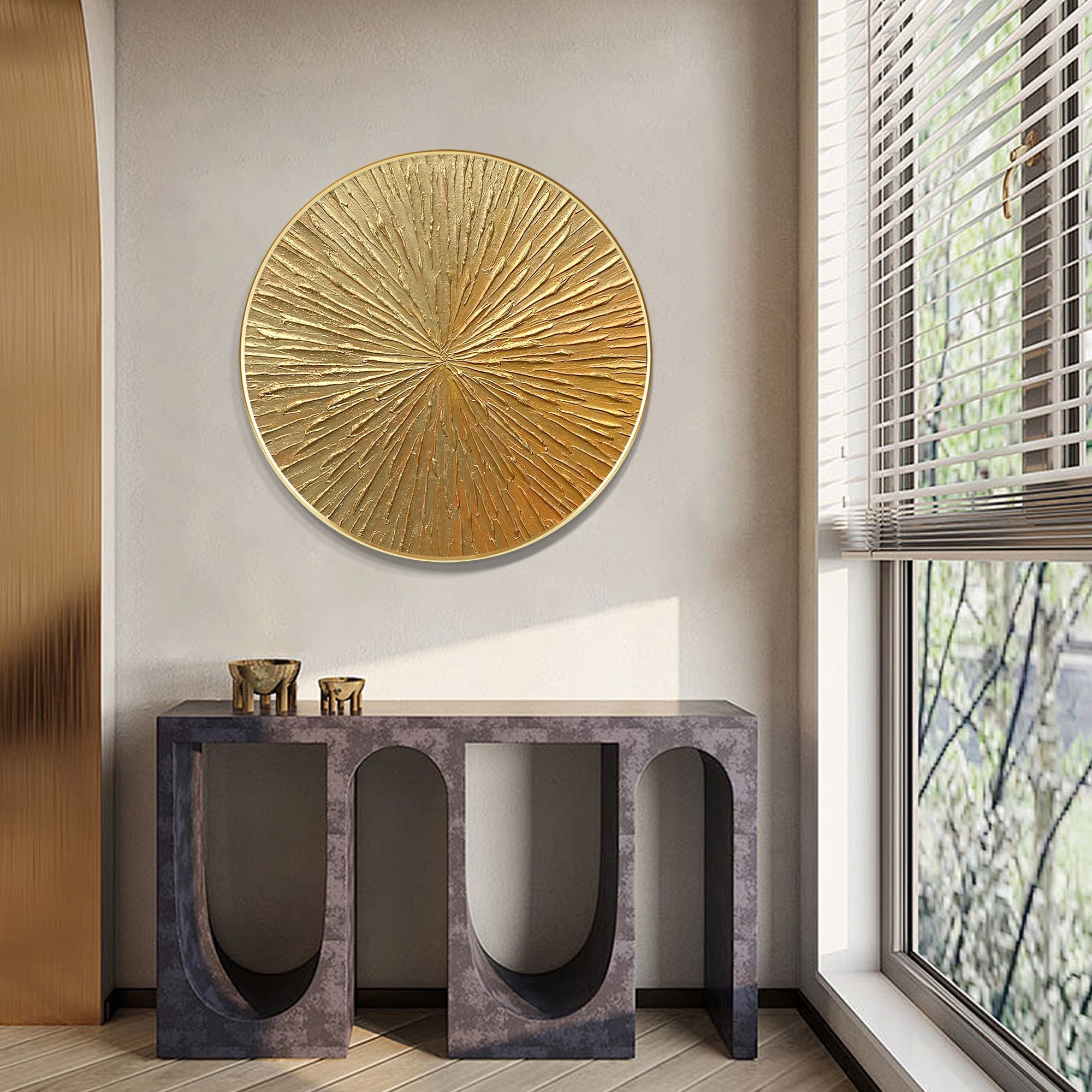 Gold Leaf 3D Textured Round Wall Art - Framed Nordic Decor