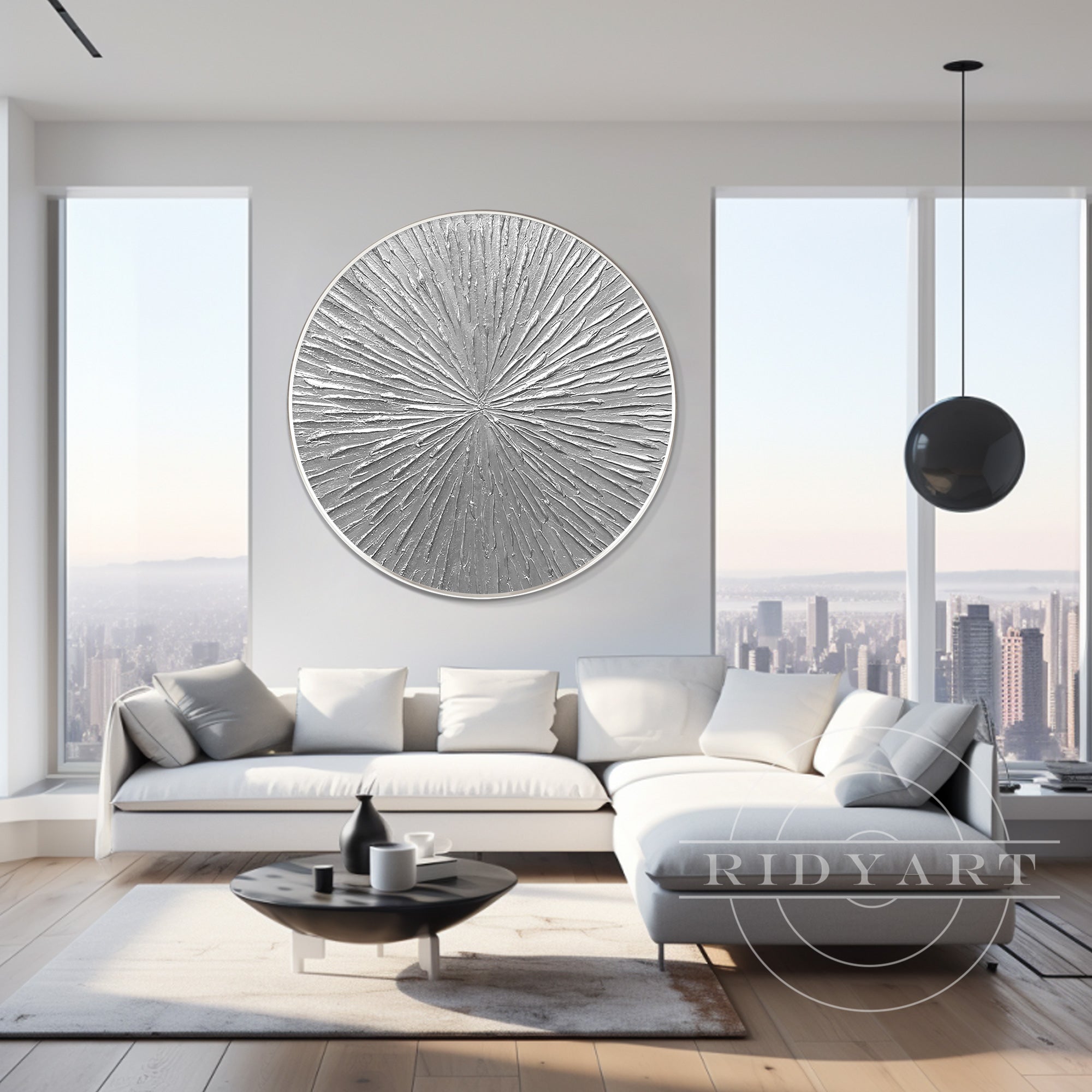 Round silver leaf 3D textured wall art with circular lines, framed and minimalist, perfect for modern Nordic decor on canvas.