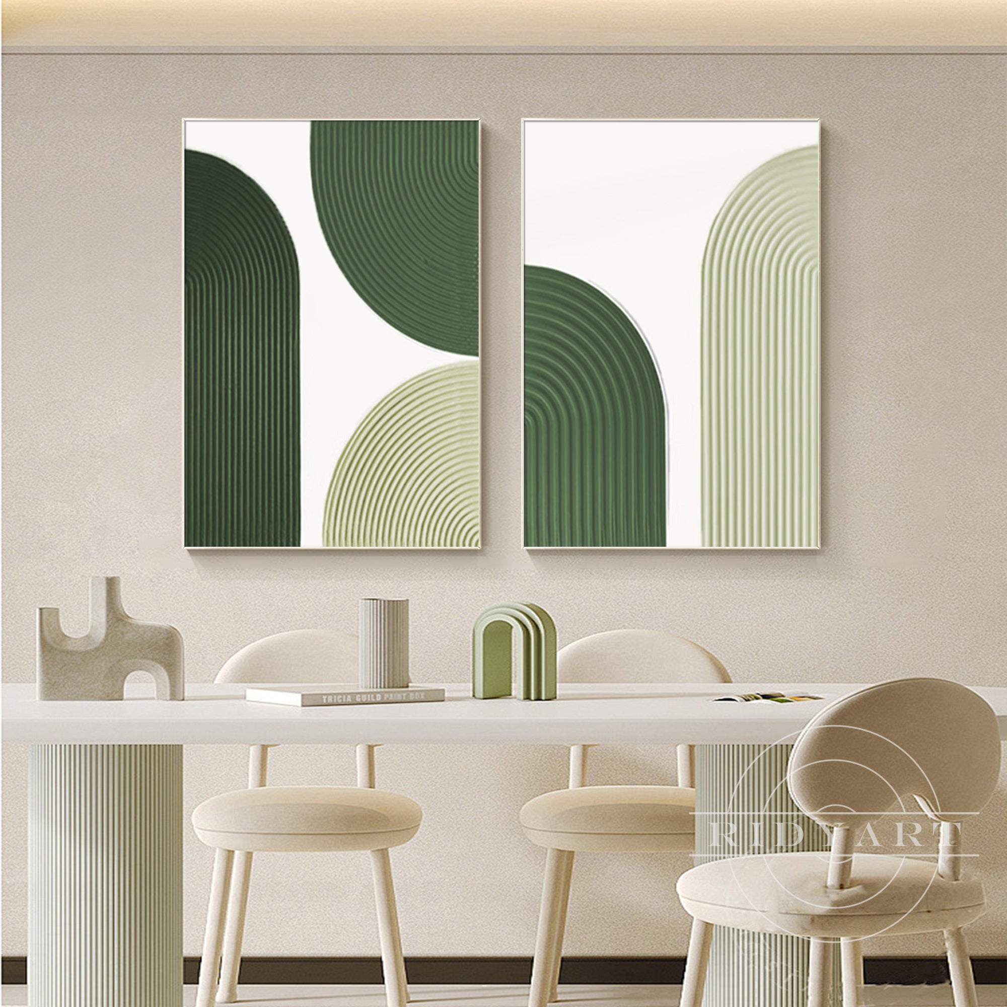 Contemporary geometric abstract wall art set in sage green tones