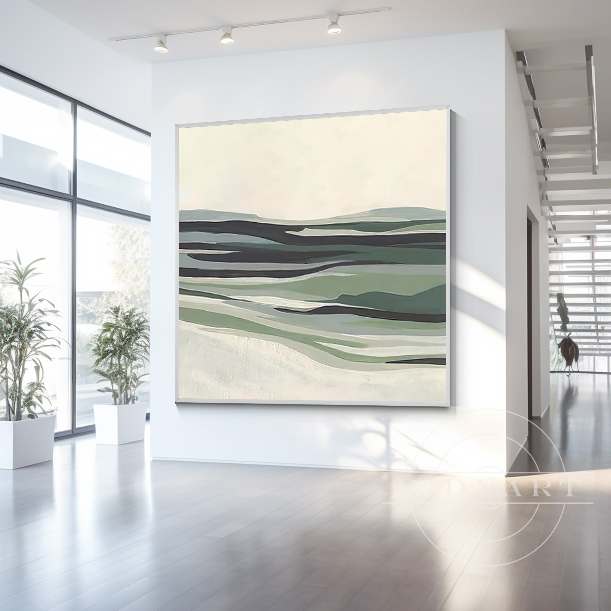 Square canvas painting of sage green abstract mountains, grasslands, and rivers, framed minimalist modern wall art for large contemporary spaces.

