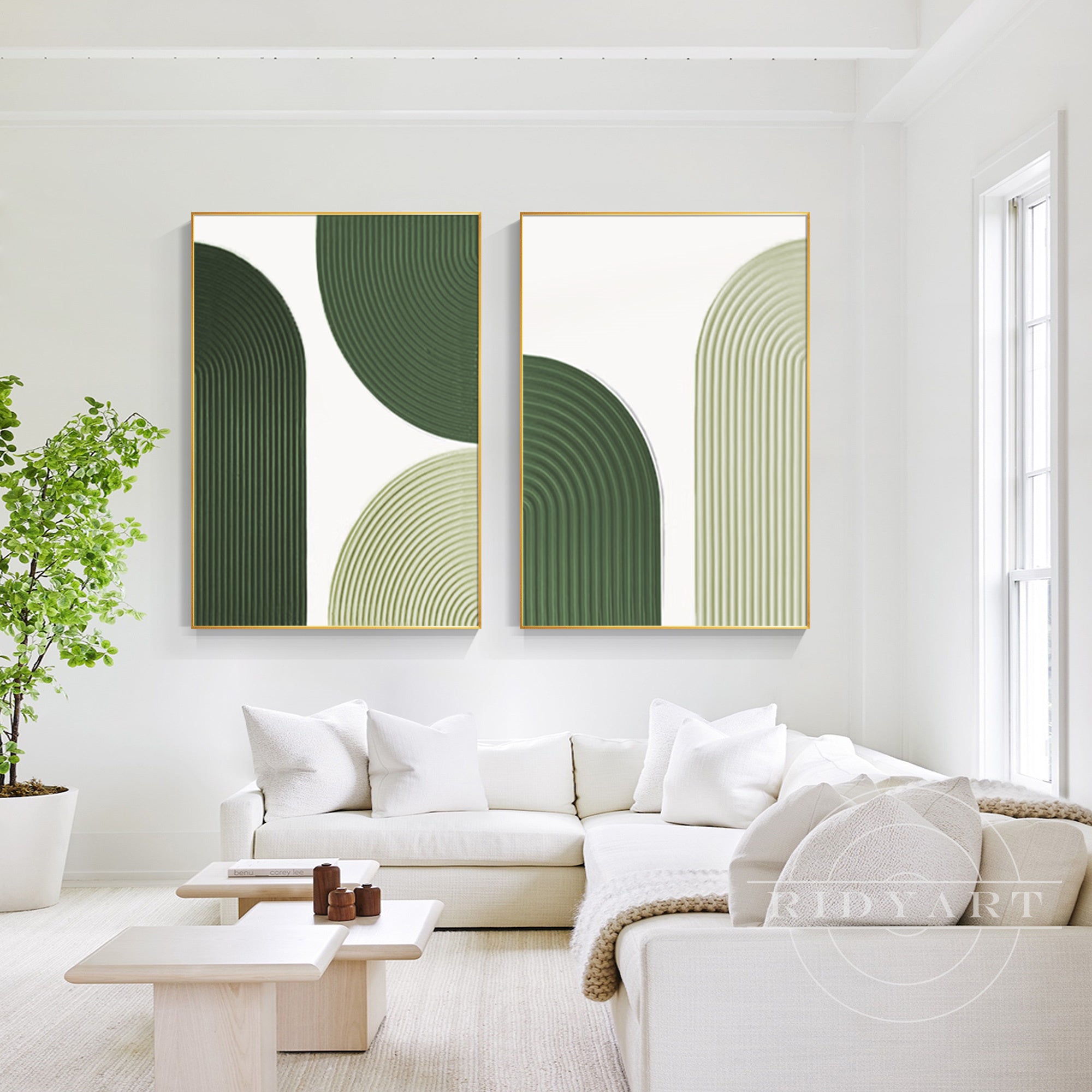 Modern minimalist geometric abstract oil art set in sage green