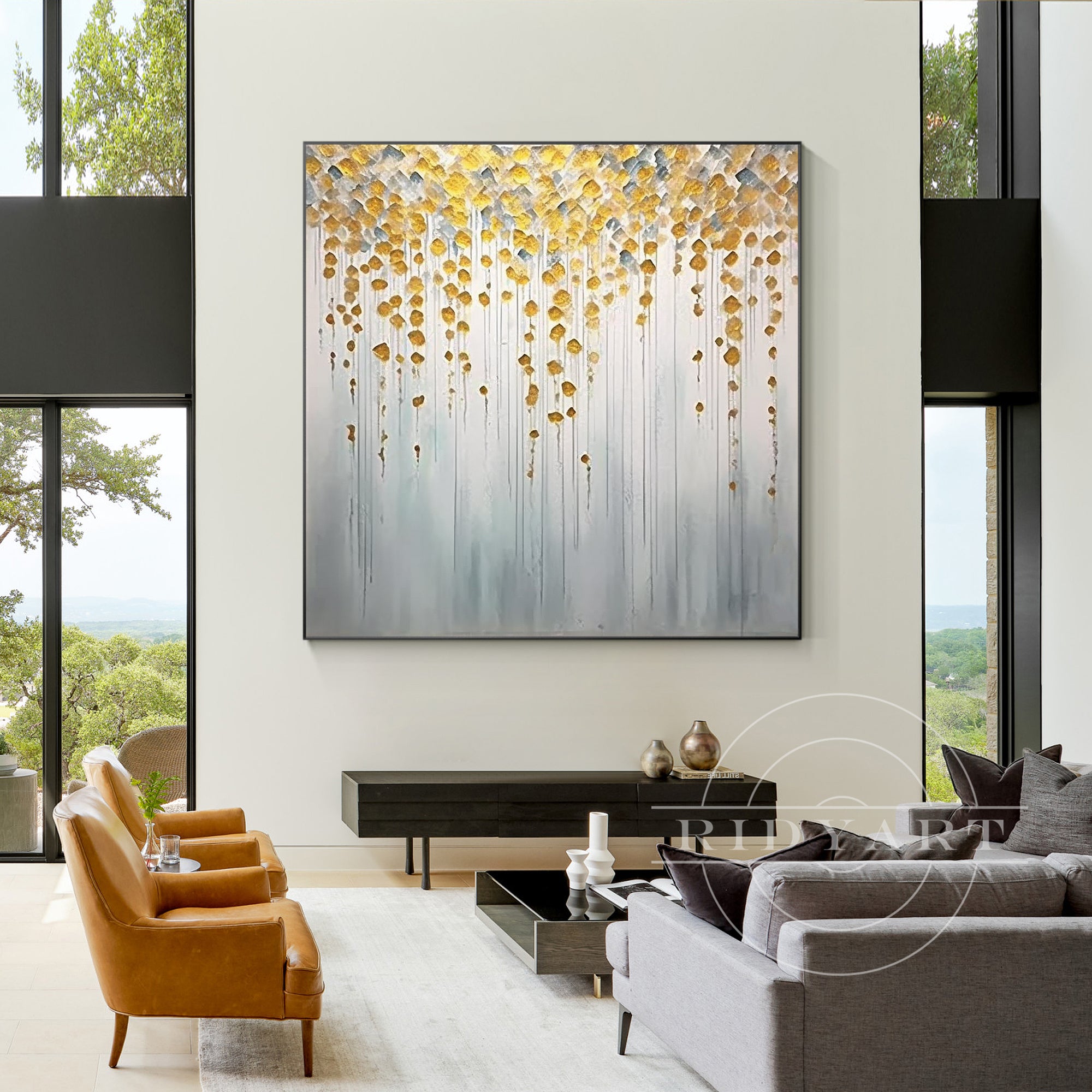 Square sage green abstract mountain and river painting on canvas, framed minimalist large wall art for modern living rooms or serene decor.

