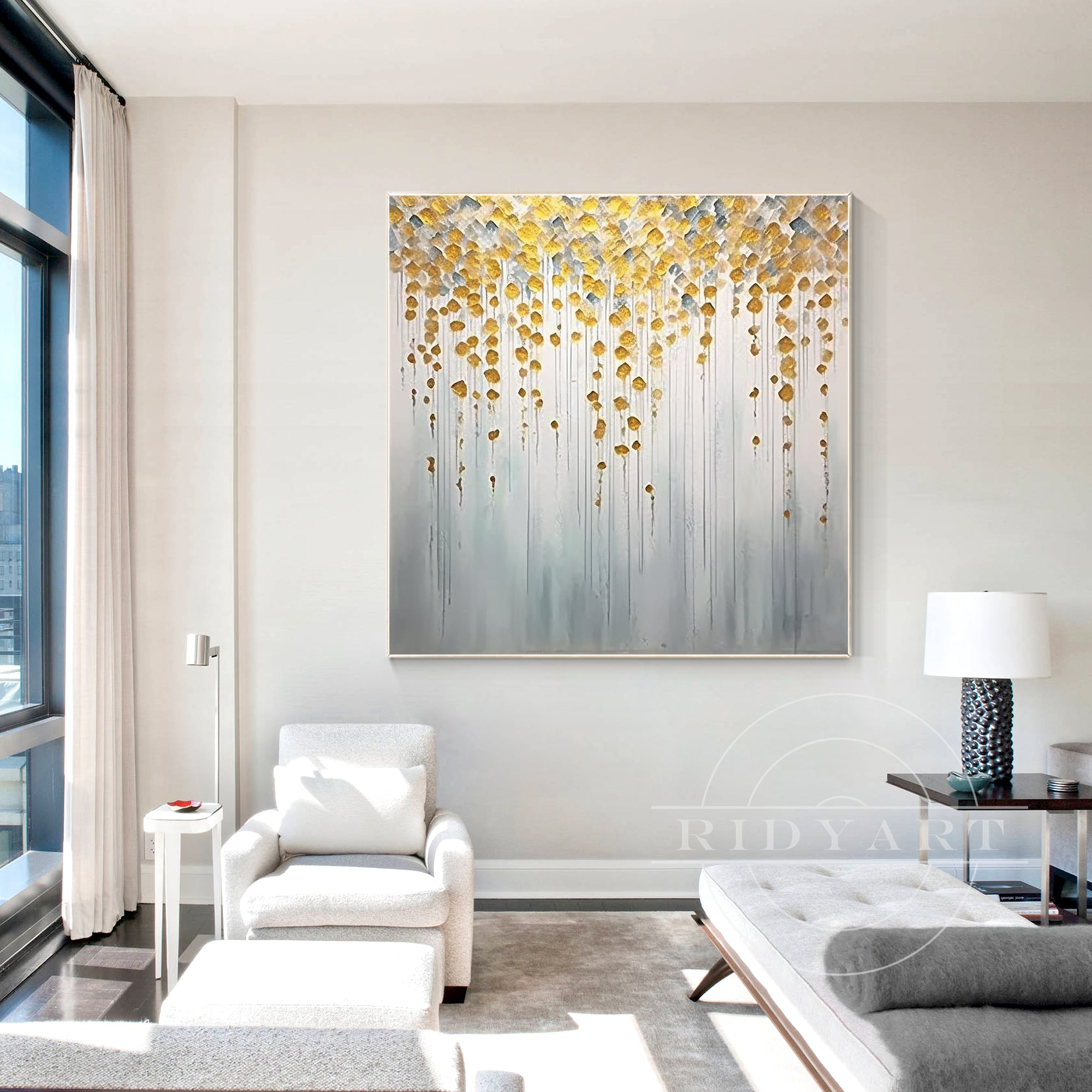 Square sage green abstract mountain and river painting on canvas, framed minimalist large wall art for modern living rooms or serene decor.

