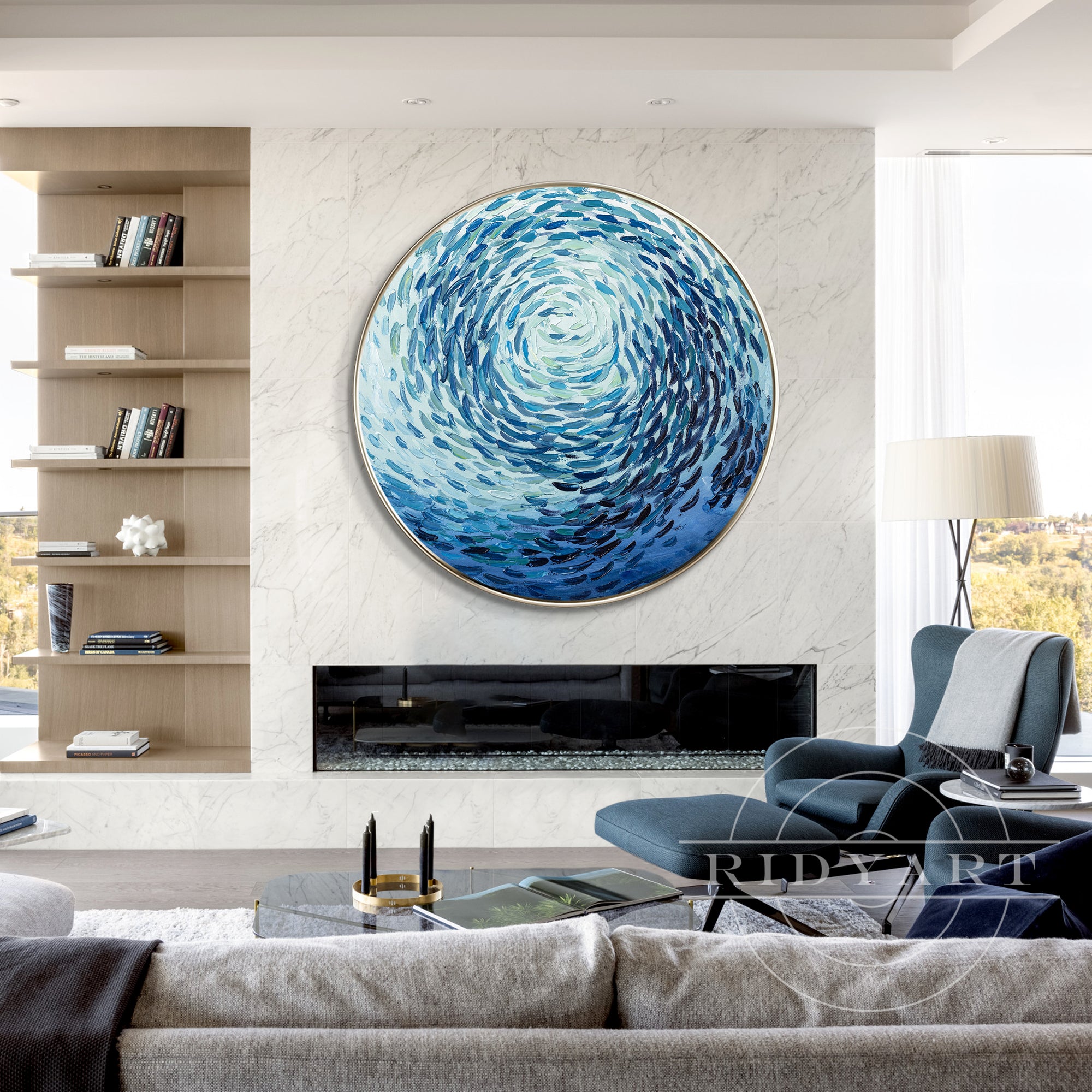 Round school of fish painting with textured blue ocean design, original oil painting on canvas, framed for coastal or marine-inspired home decor.