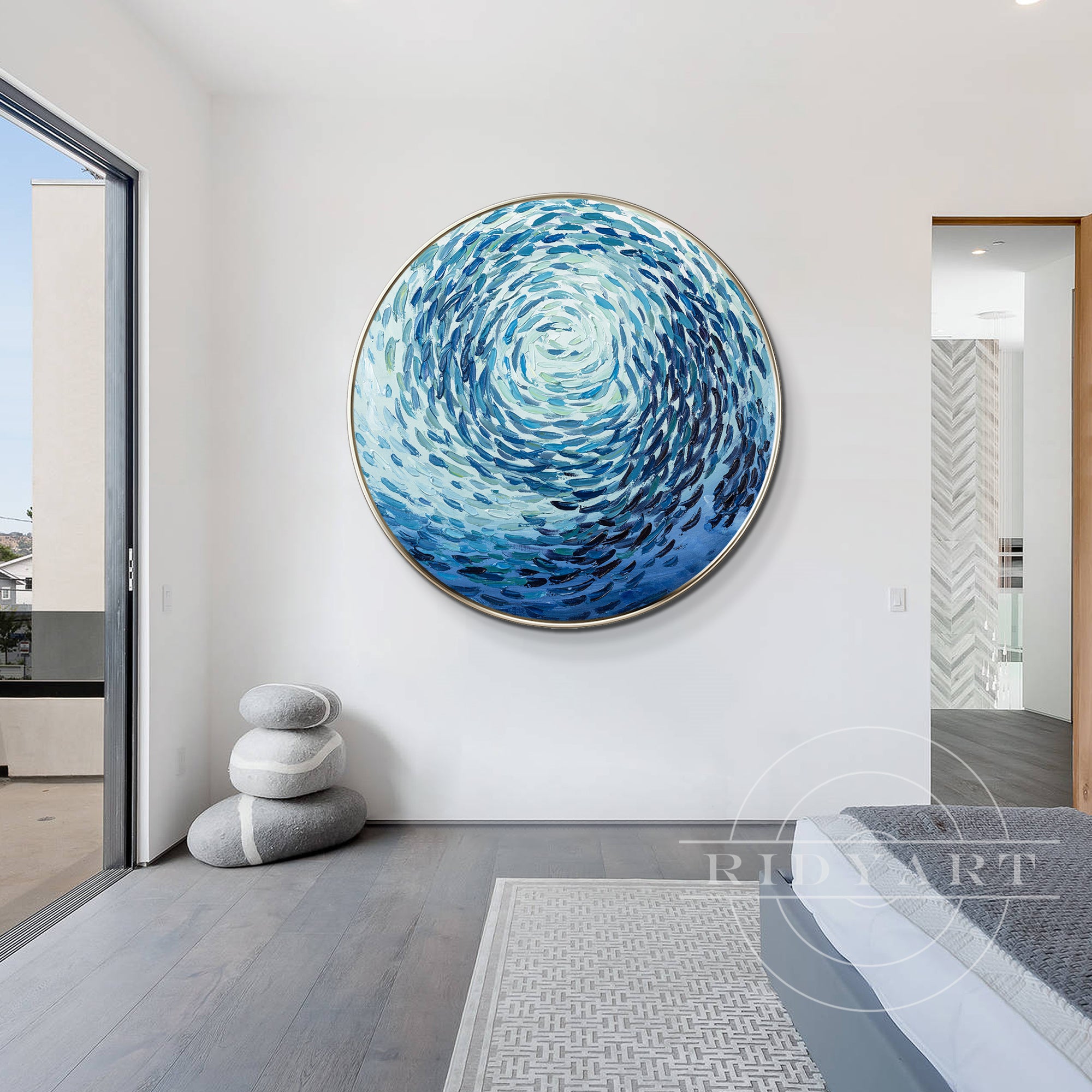 Round school of fish painting with textured blue ocean design, original oil painting on canvas, framed for coastal or marine-inspired home decor.