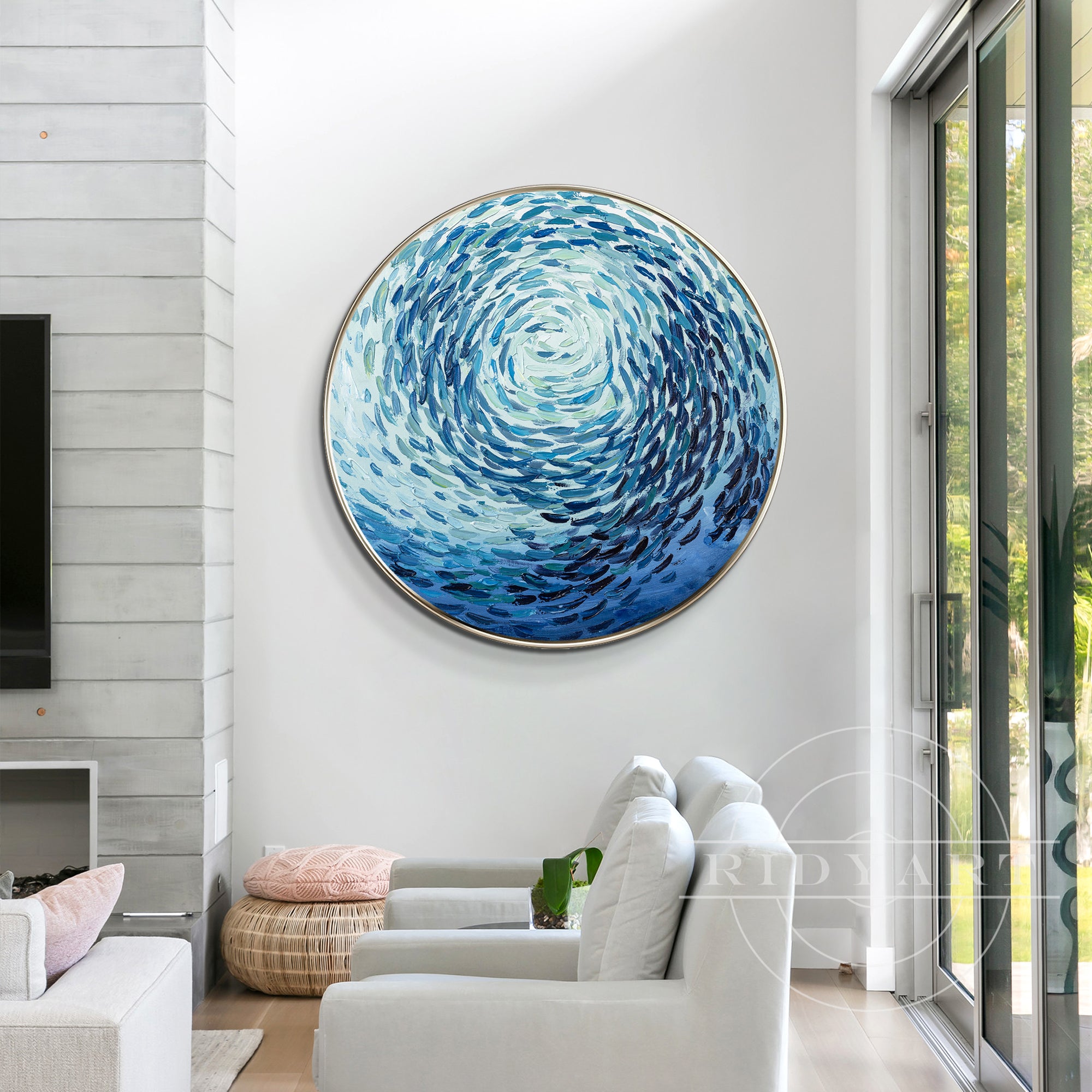 Round school of fish painting with textured blue ocean design, original oil painting on canvas, framed for coastal or marine-inspired home decor.