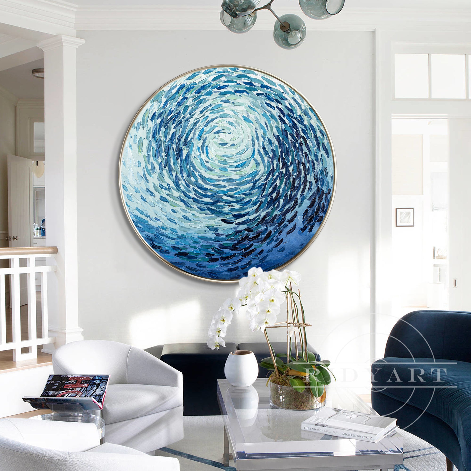 Round school of fish painting with textured blue ocean design, original oil painting on canvas, framed for coastal or marine-inspired home decor.