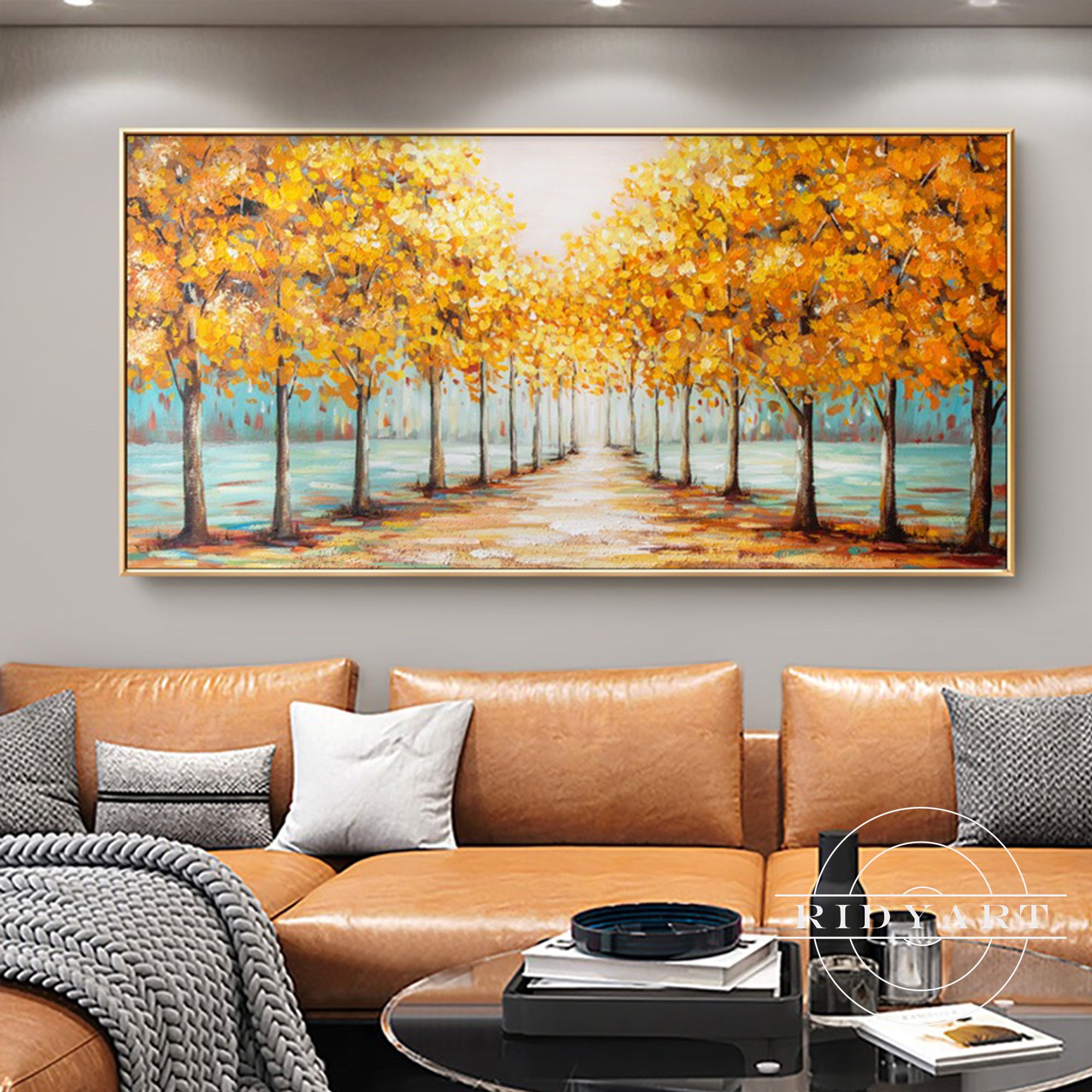 Golden tree road oil painting for home décor