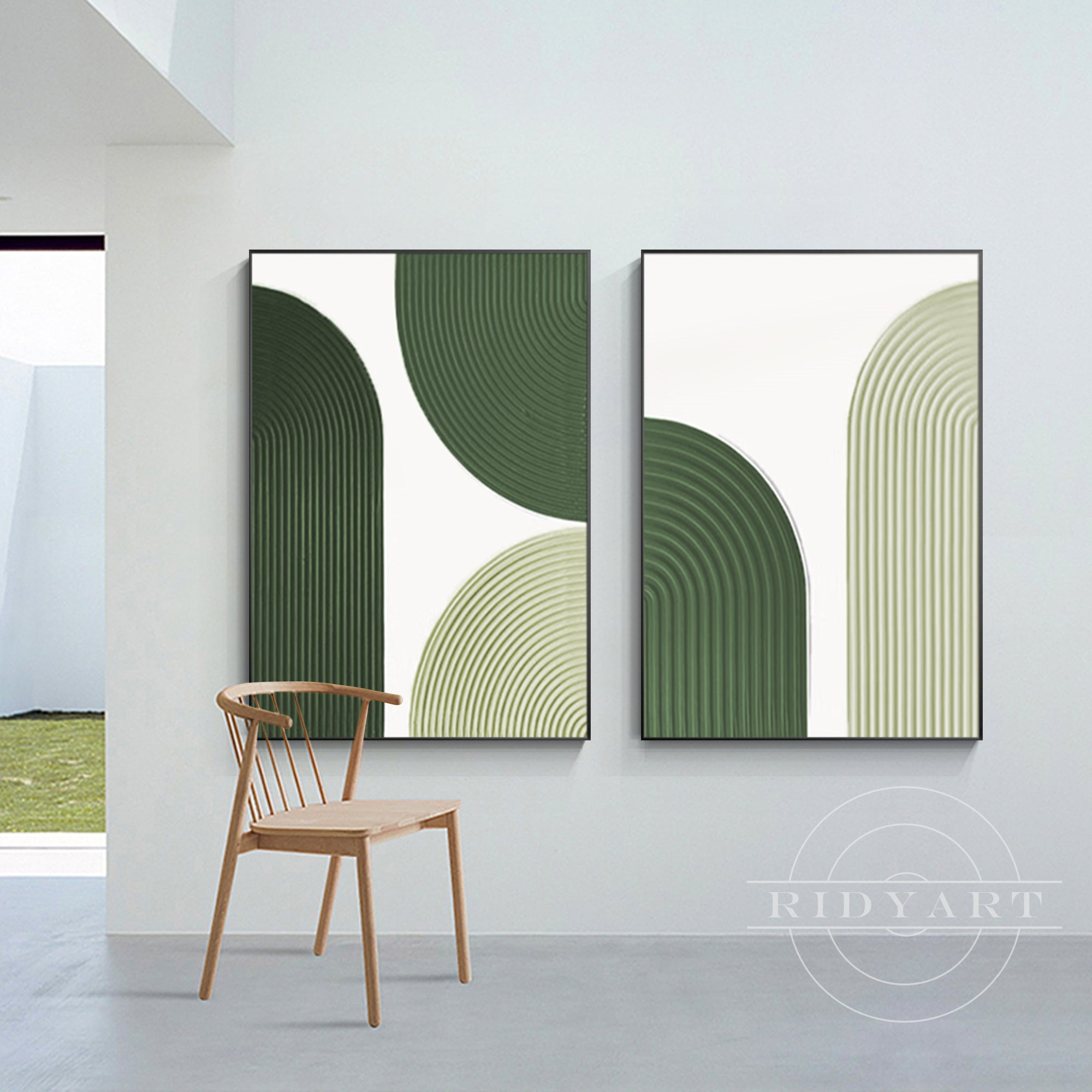 Abstract hand-painted sage green art set for minimalist home decor