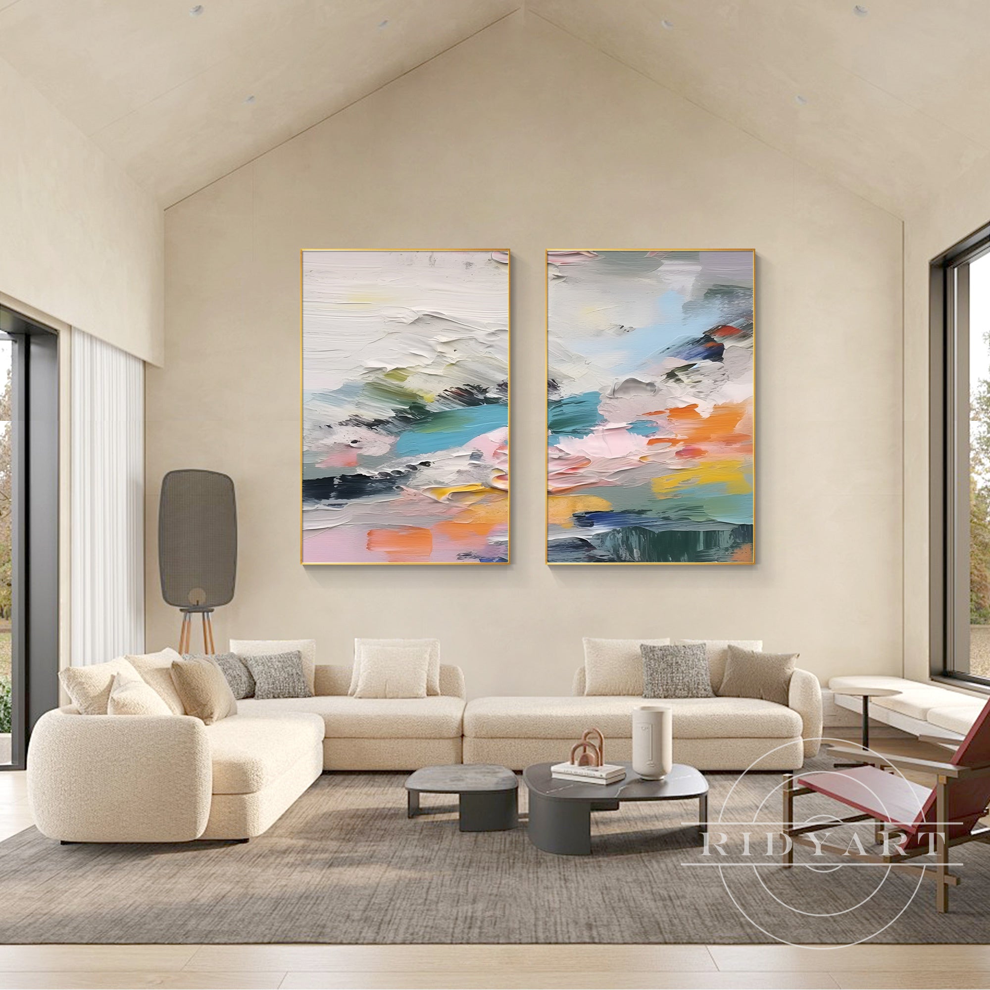 Soft pastel abstract oil painting duo – elegant living room decor