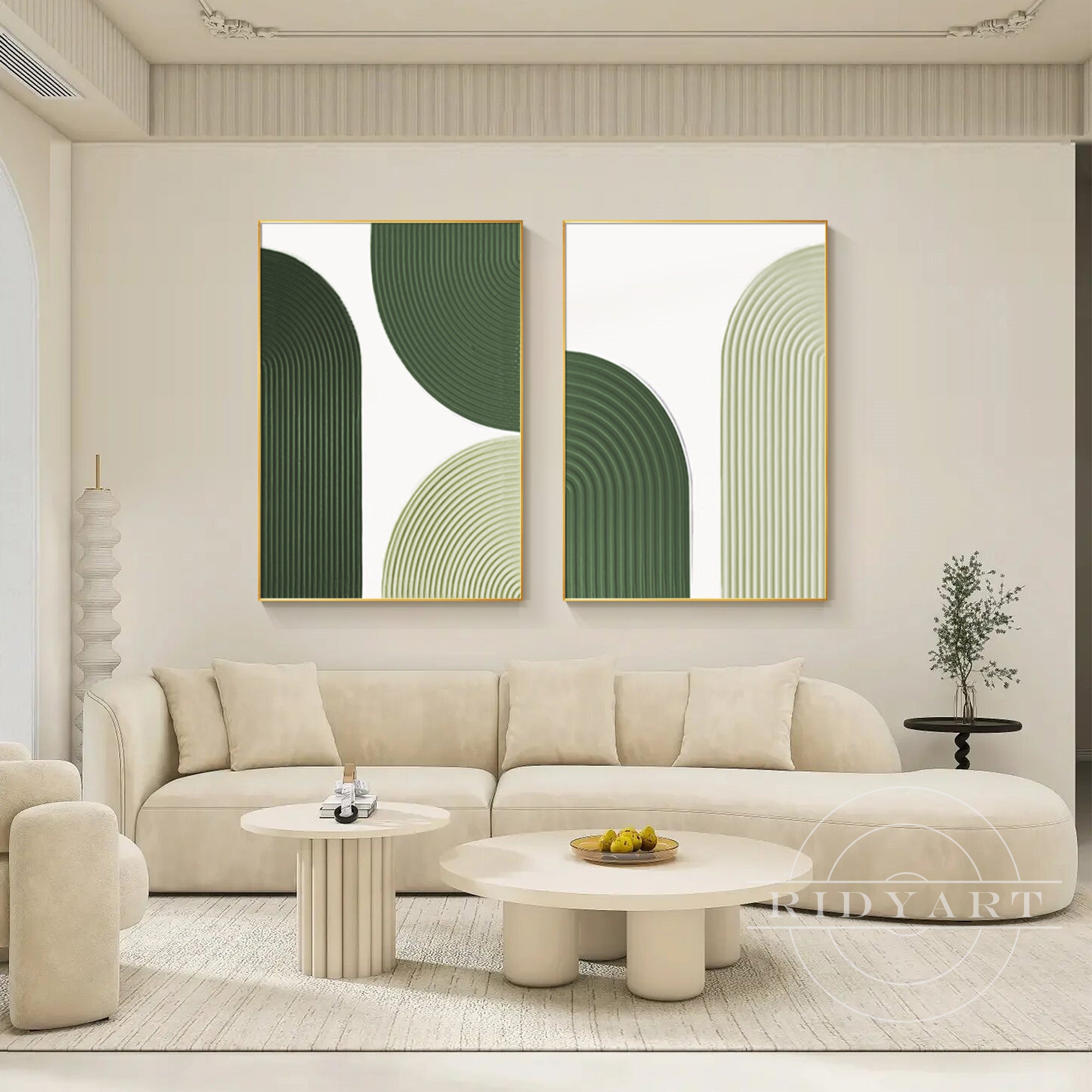 Set of 2 sage green geometric abstract oil paintings for home decor