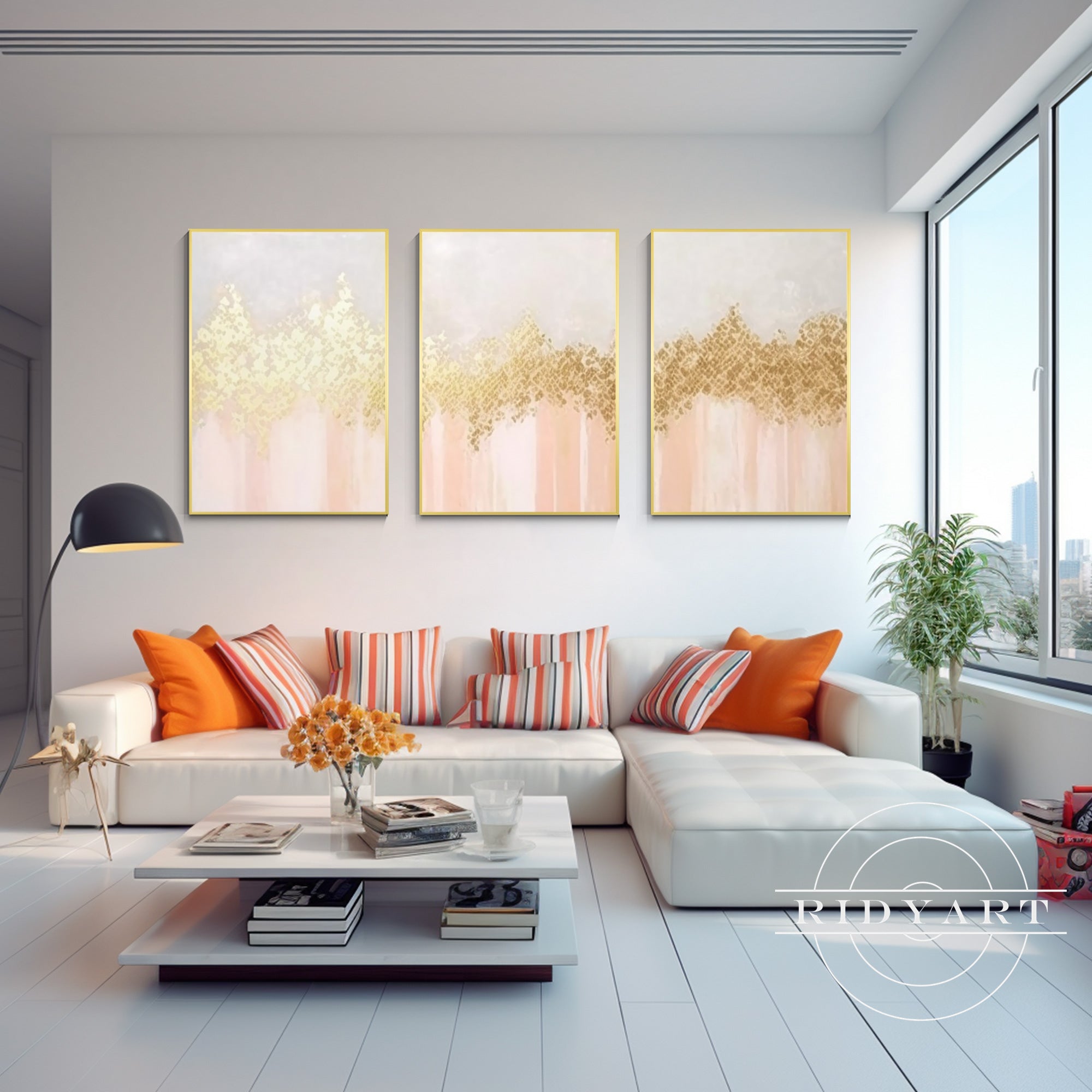 Abstract Gold wall art featuring vibrant shades of orange light and gold shapes, perfect for modern home decor