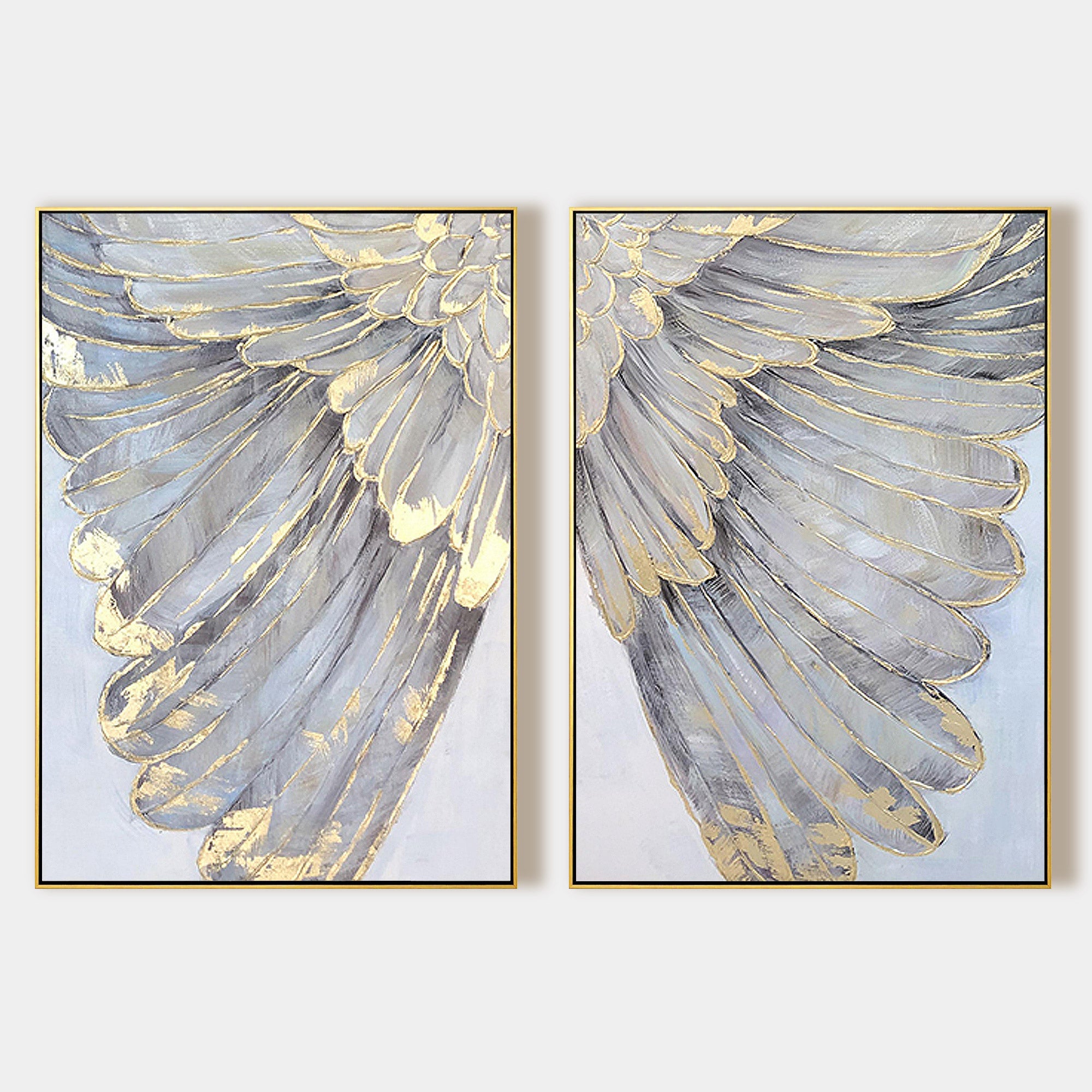 Silver and gold angel wings abstract diptych