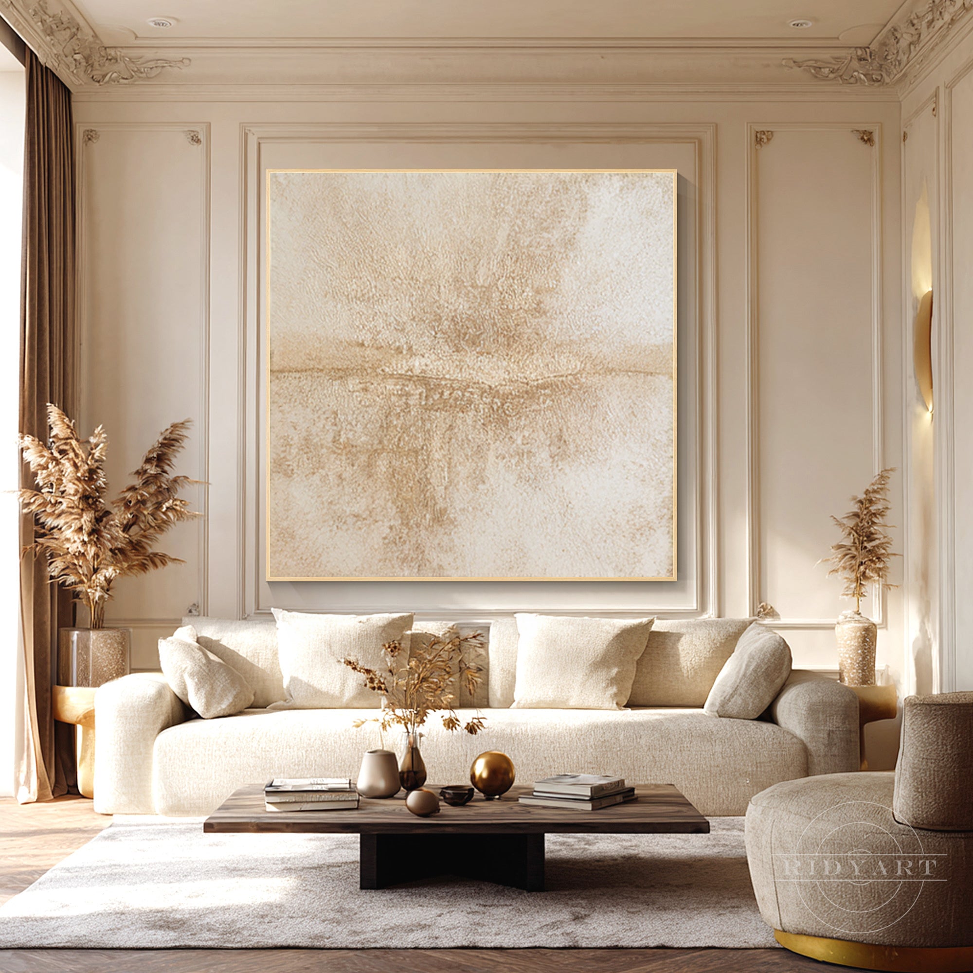 Modern Wabi-Sabi neutral tone abstract wall artwork displayed on a light living room wall.