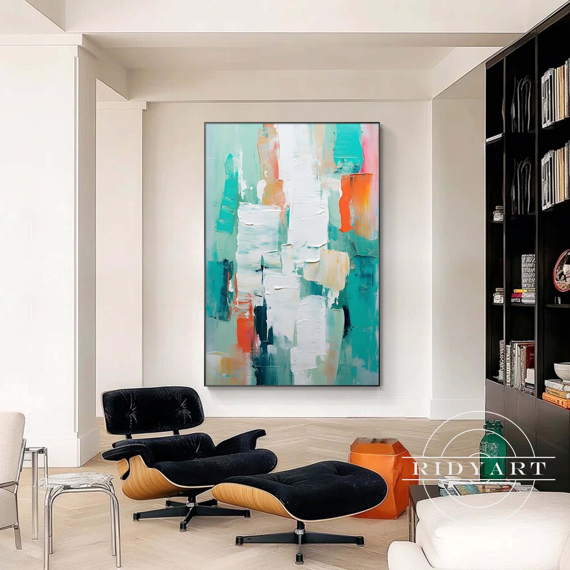 Teal abstract wall art with bold brushstrokes and modern design