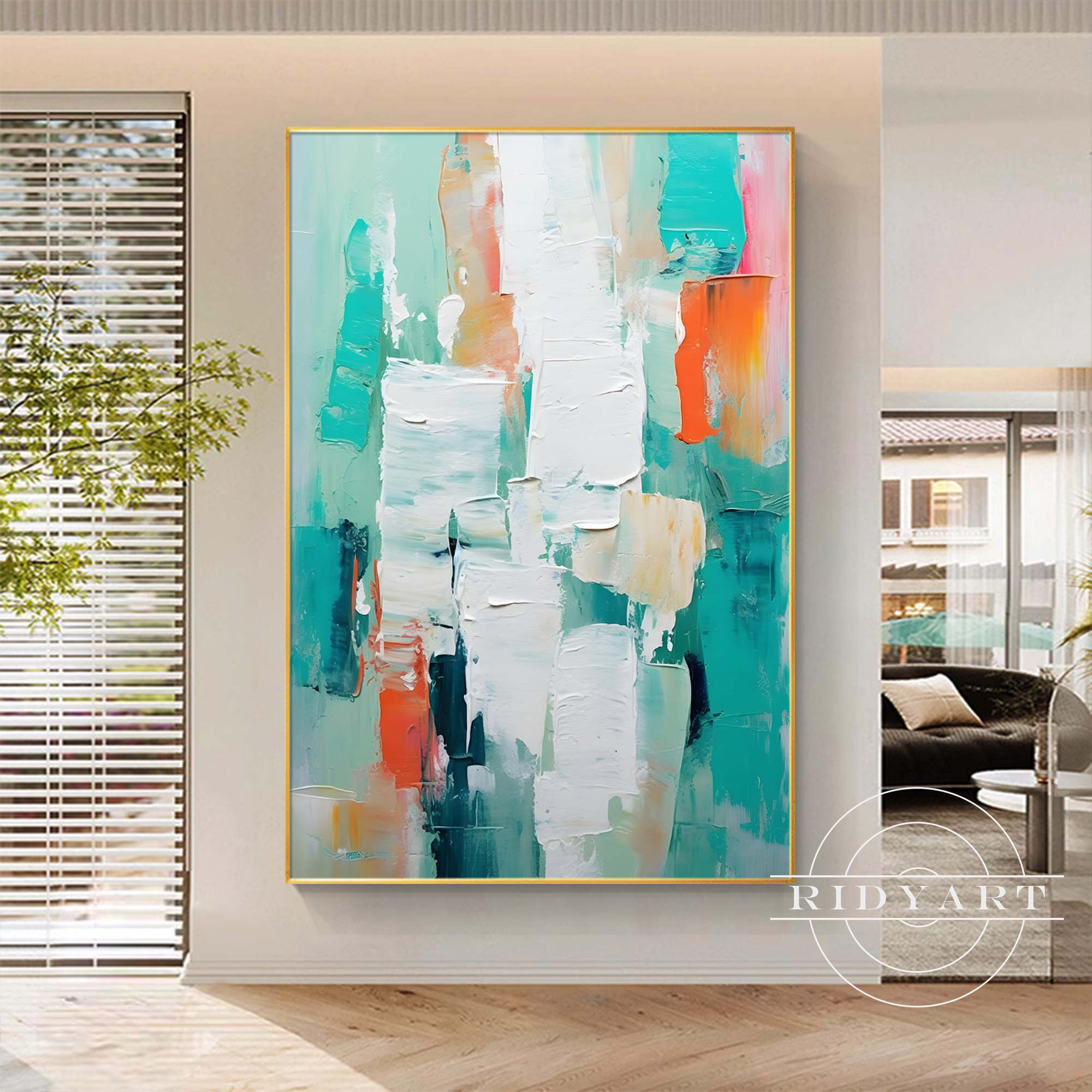 Teal abstract wall art with bold brushstrokes and modern design