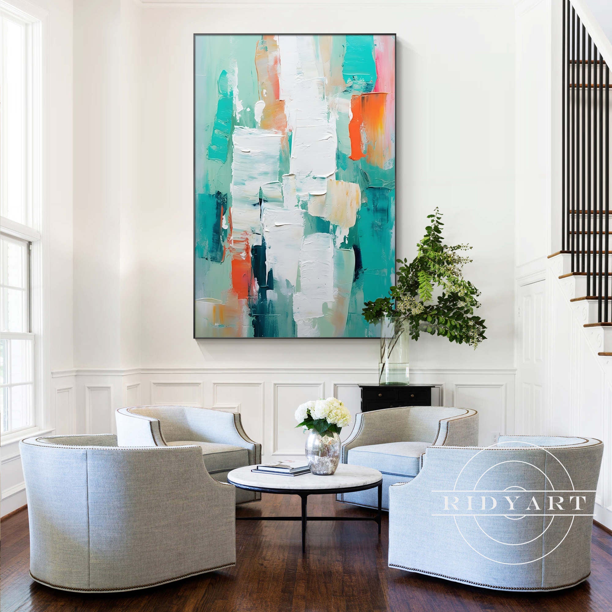 Teal abstract wall art with bold brushstrokes and modern design