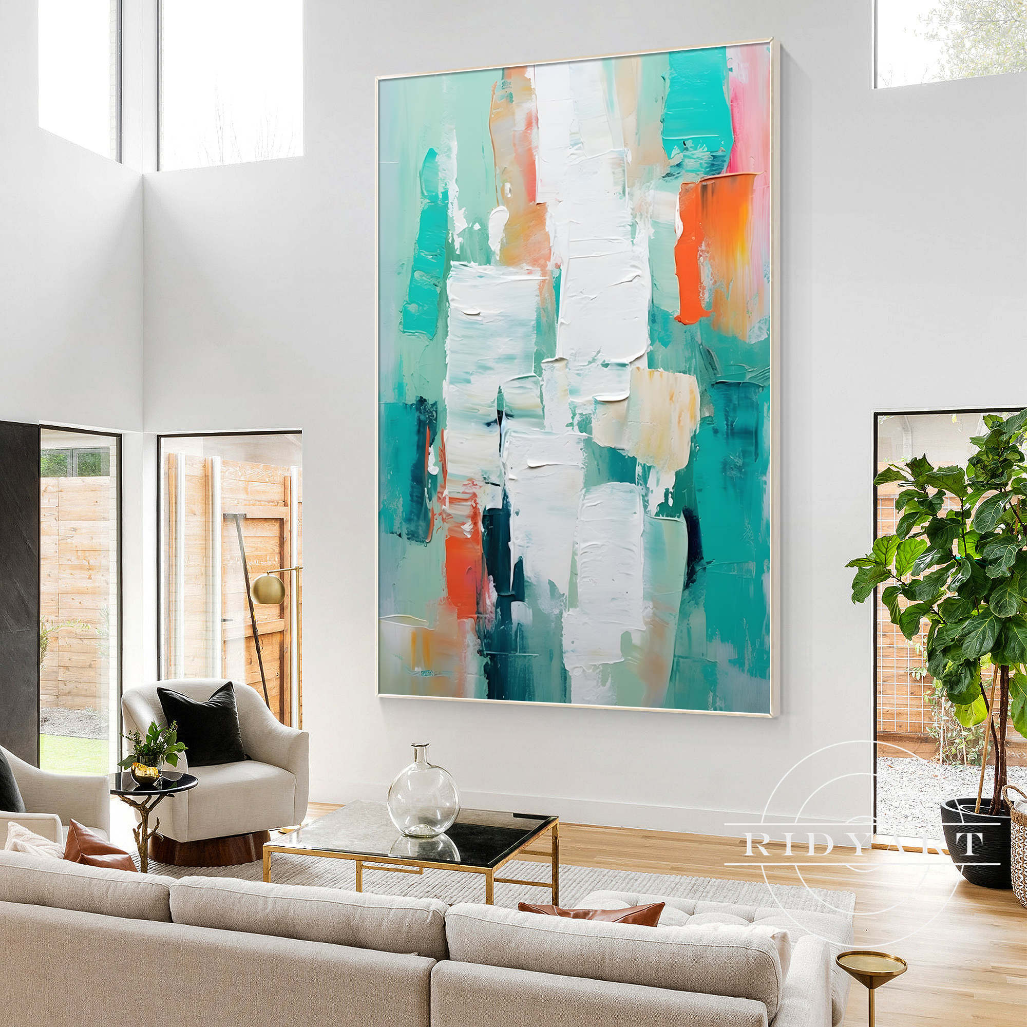 Teal abstract wall art with bold brushstrokes and modern design