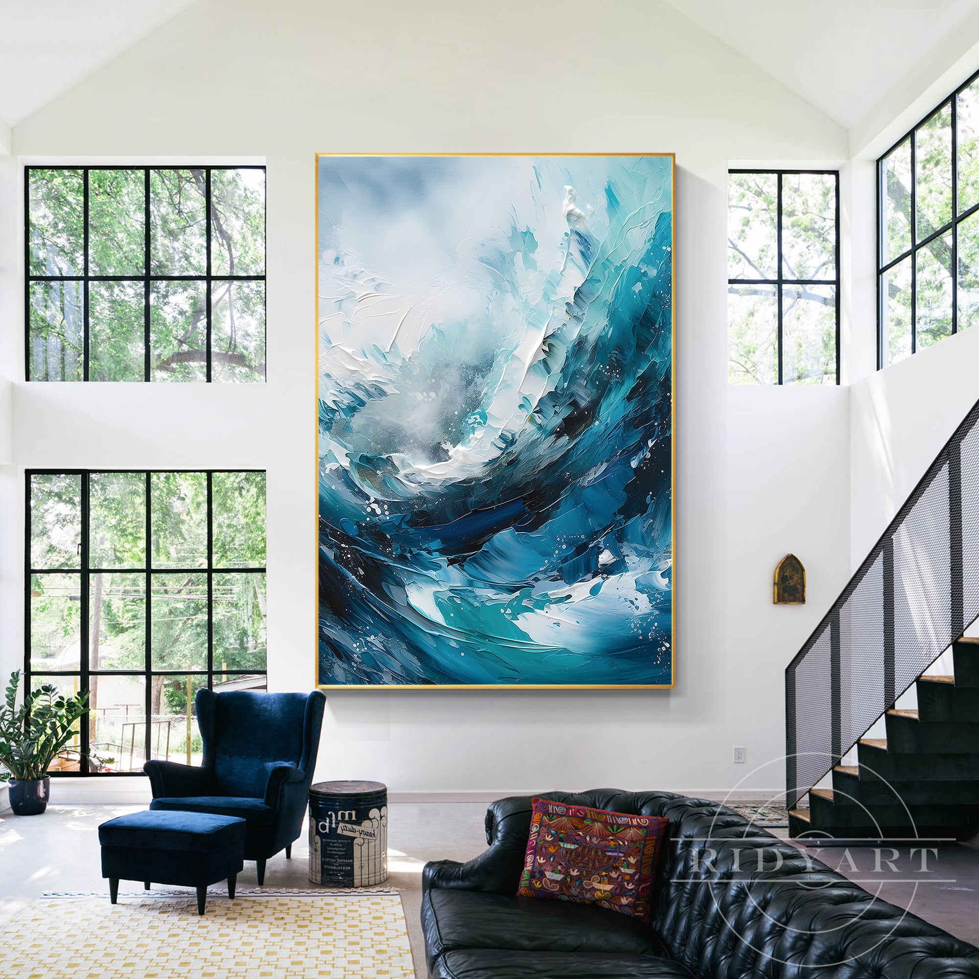 Contemporary teal blue art with intricate texture