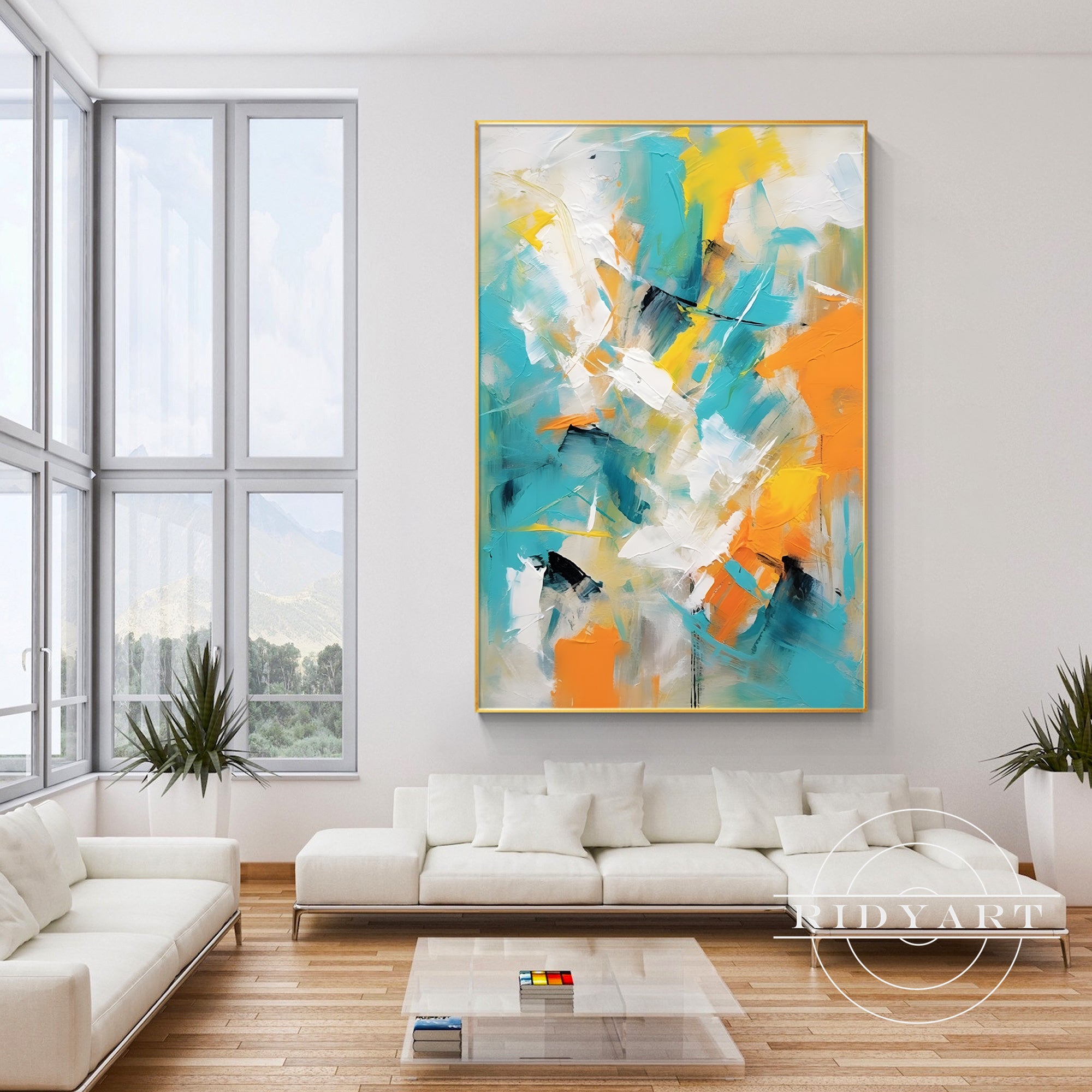 Modern Teal Orange Abstract Art for home decor