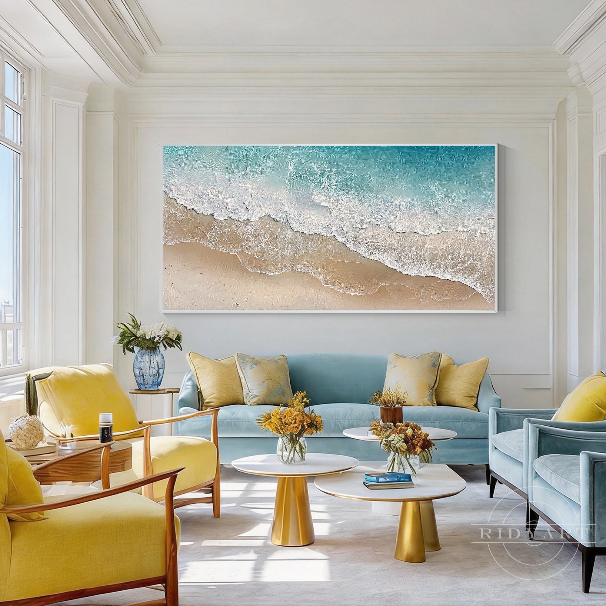 teal blue beige ocean textured horizontal wall art